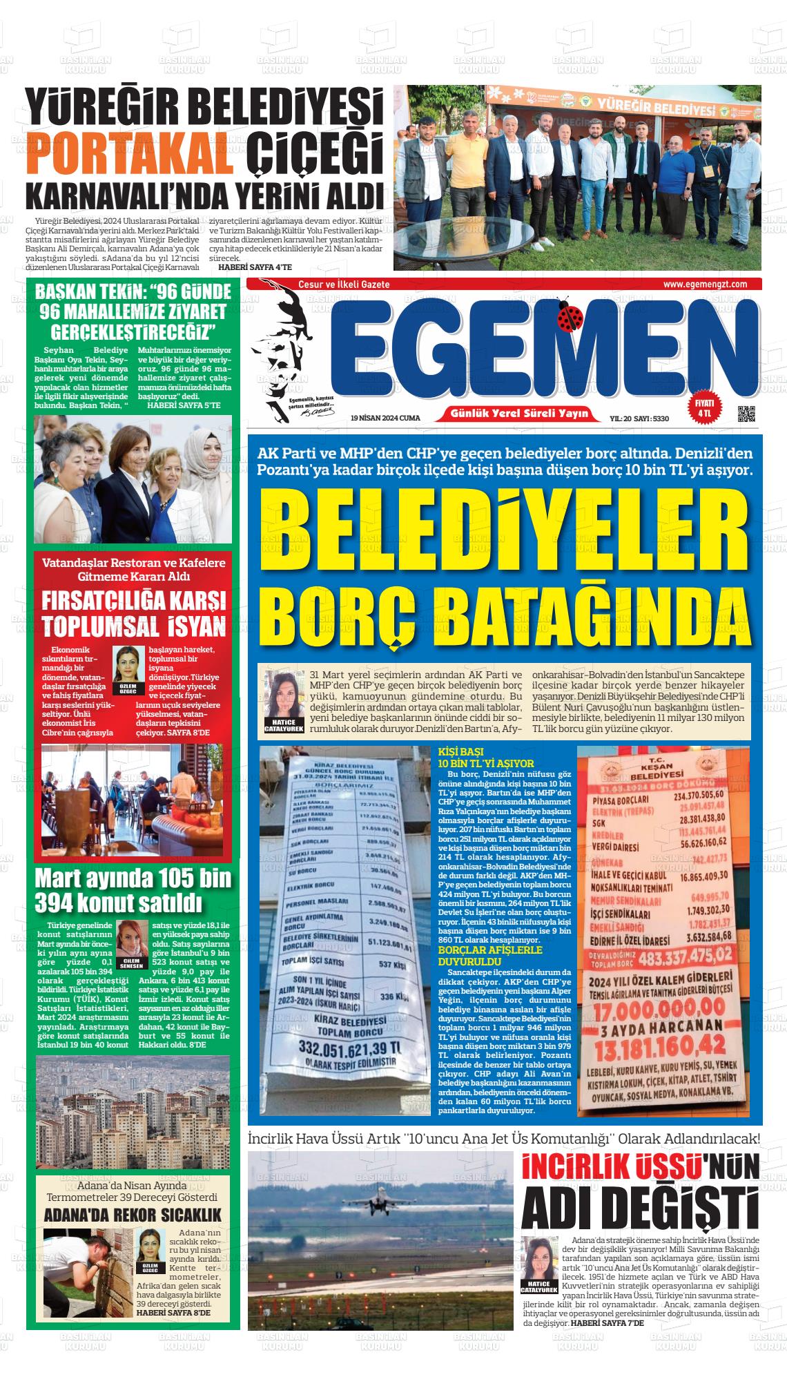 19 Nisan 2024 Egemen  Adana Gazete Manşeti
