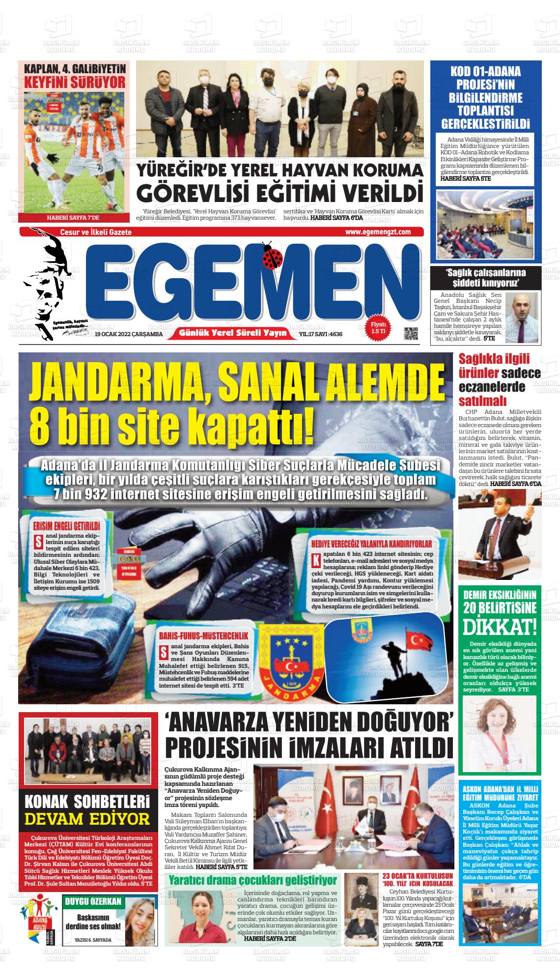 19 Ocak 2022 Egemen  Adana Gazete Manşeti