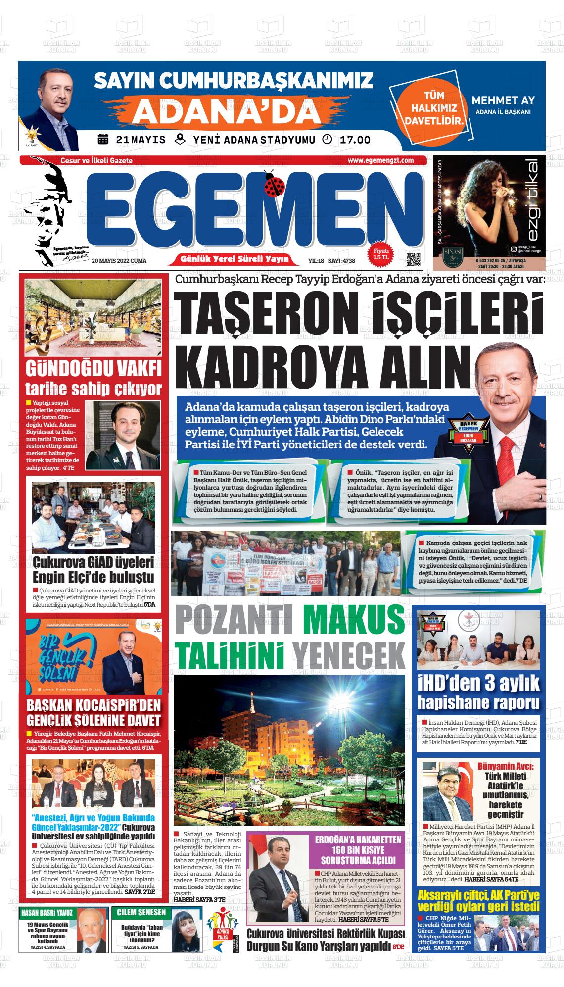 20 Mayıs 2022 Egemen  Adana Gazete Manşeti