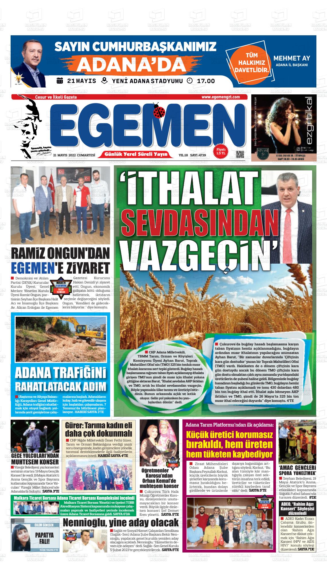 21 Mayıs 2022 Egemen  Adana Gazete Manşeti