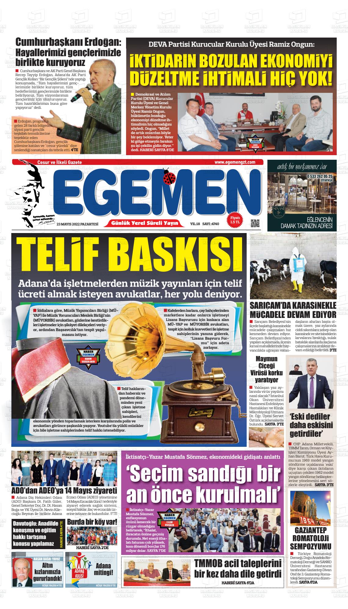 23 Mayıs 2022 Egemen  Adana Gazete Manşeti