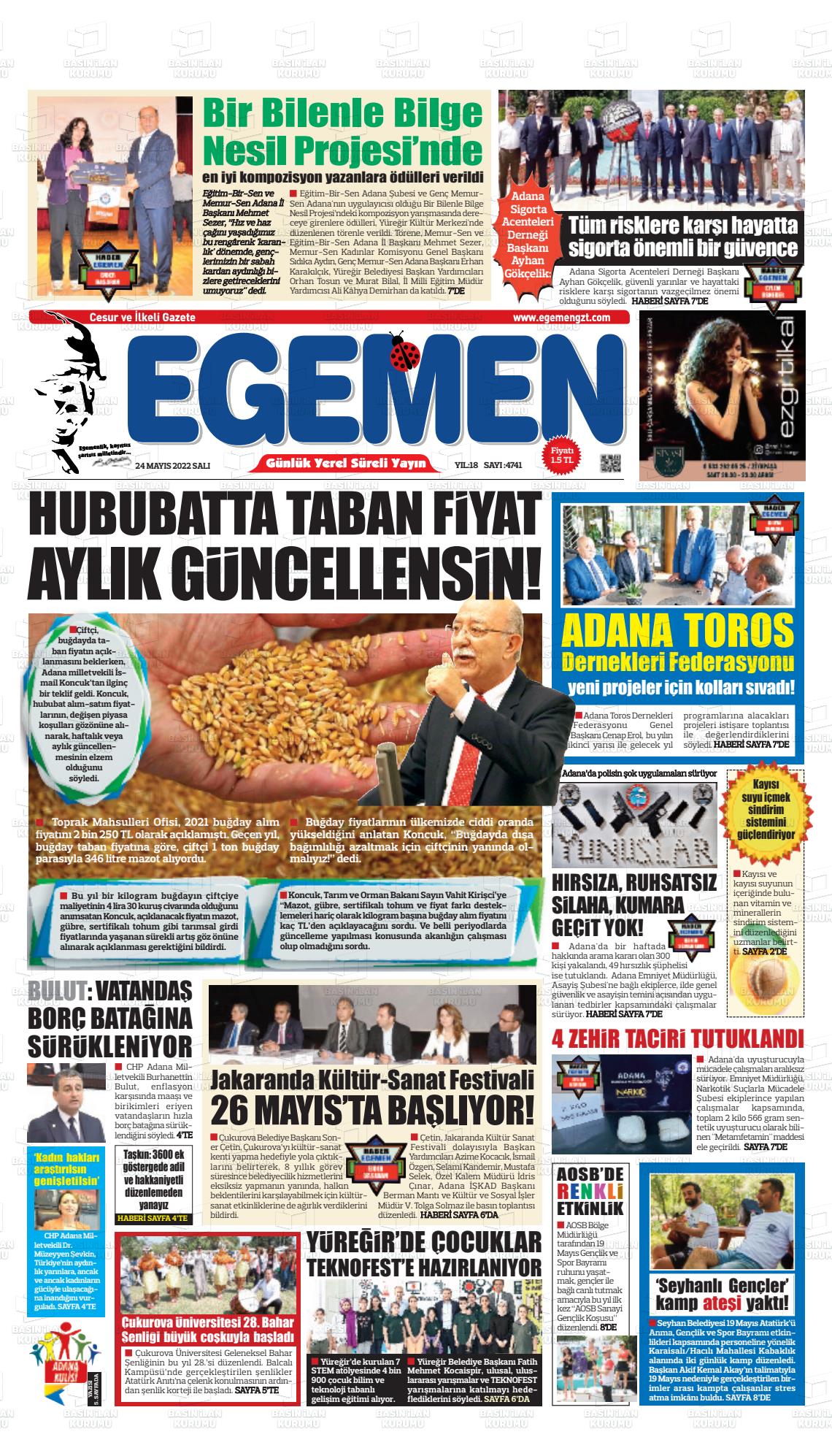 24 Mayıs 2022 Egemen  Adana Gazete Manşeti