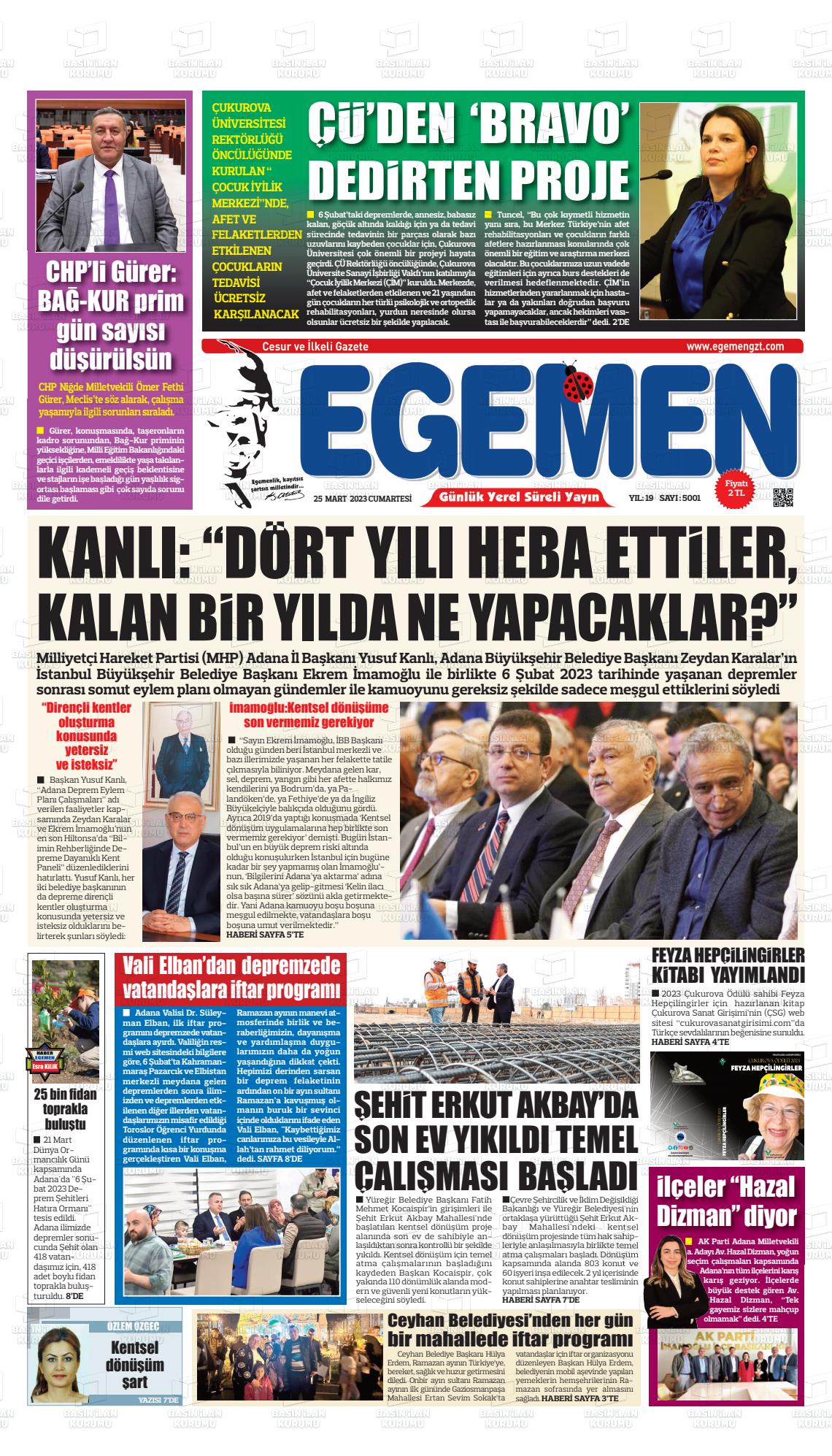 25 Mart 2023 Egemen  Adana Gazete Manşeti