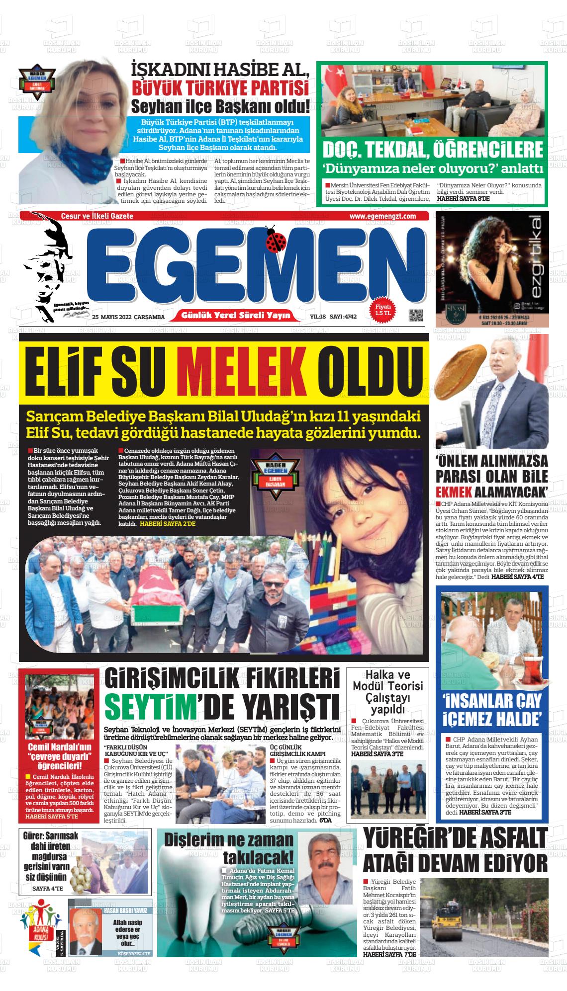 25 Mayıs 2022 Egemen  Adana Gazete Manşeti