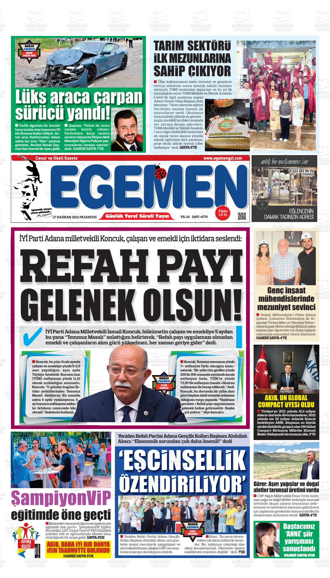 27 Haziran 2022 Egemen  Adana Gazete Manşeti