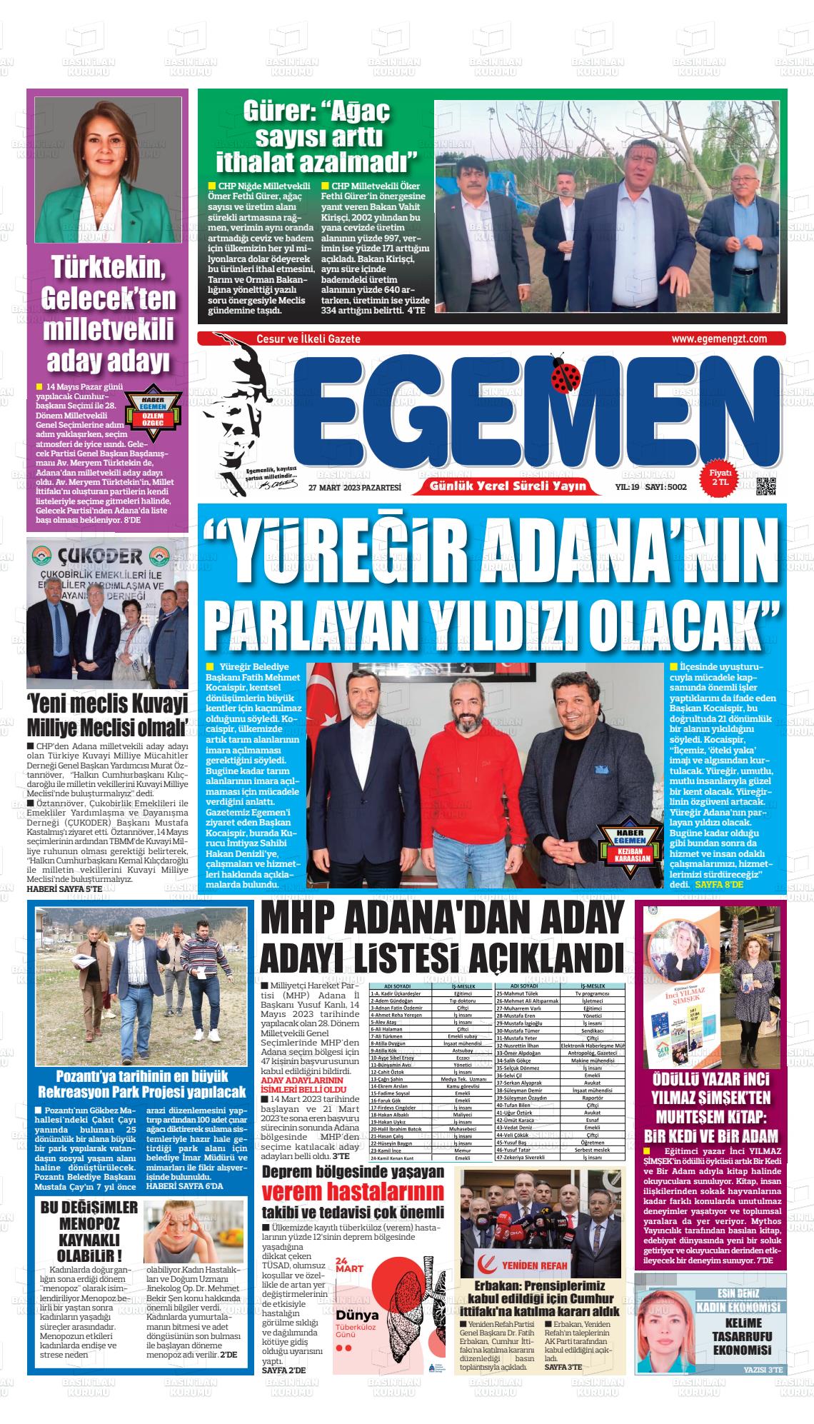 27 Mart 2023 Egemen  Adana Gazete Manşeti