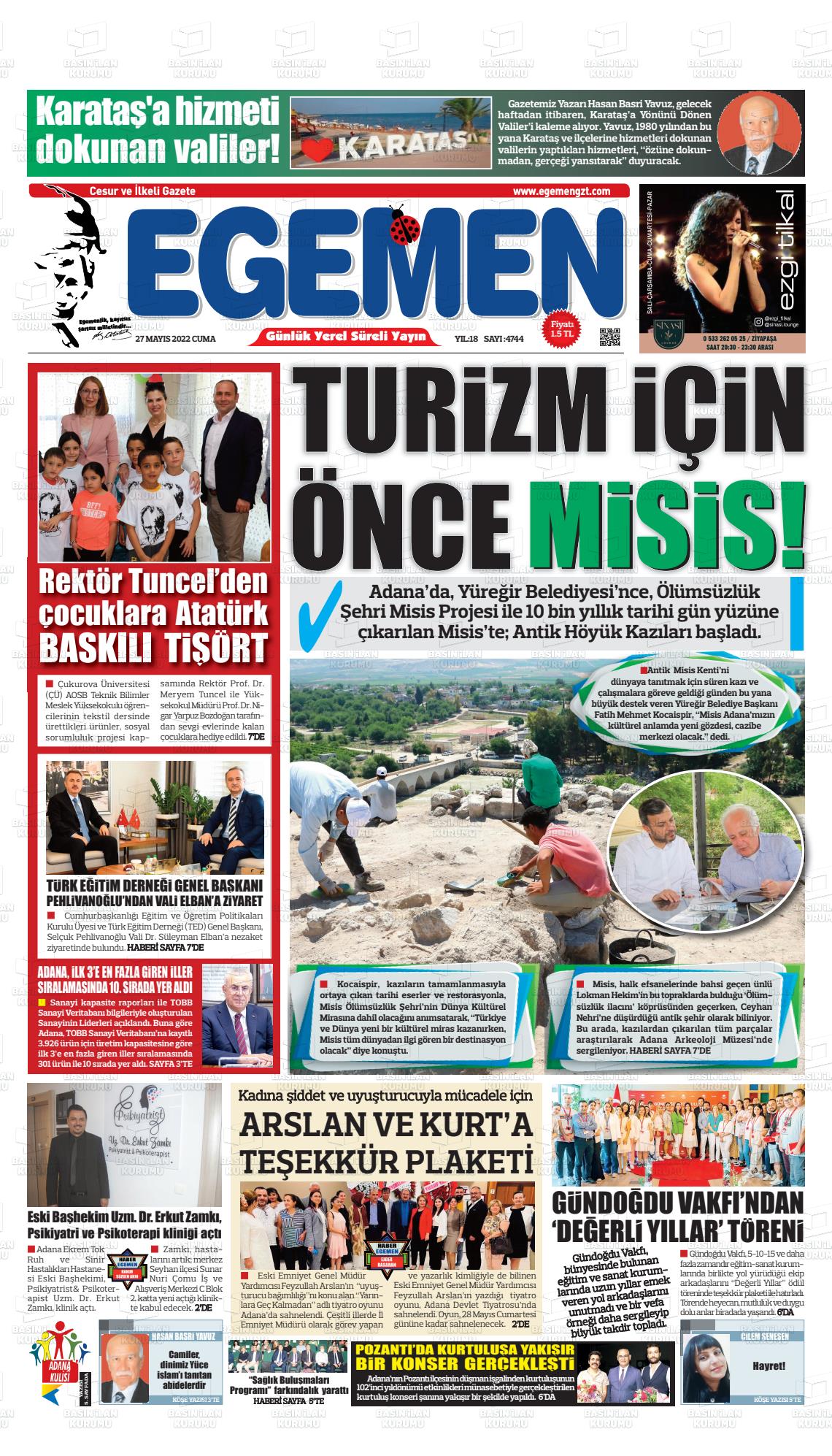27 Mayıs 2022 Egemen  Adana Gazete Manşeti
