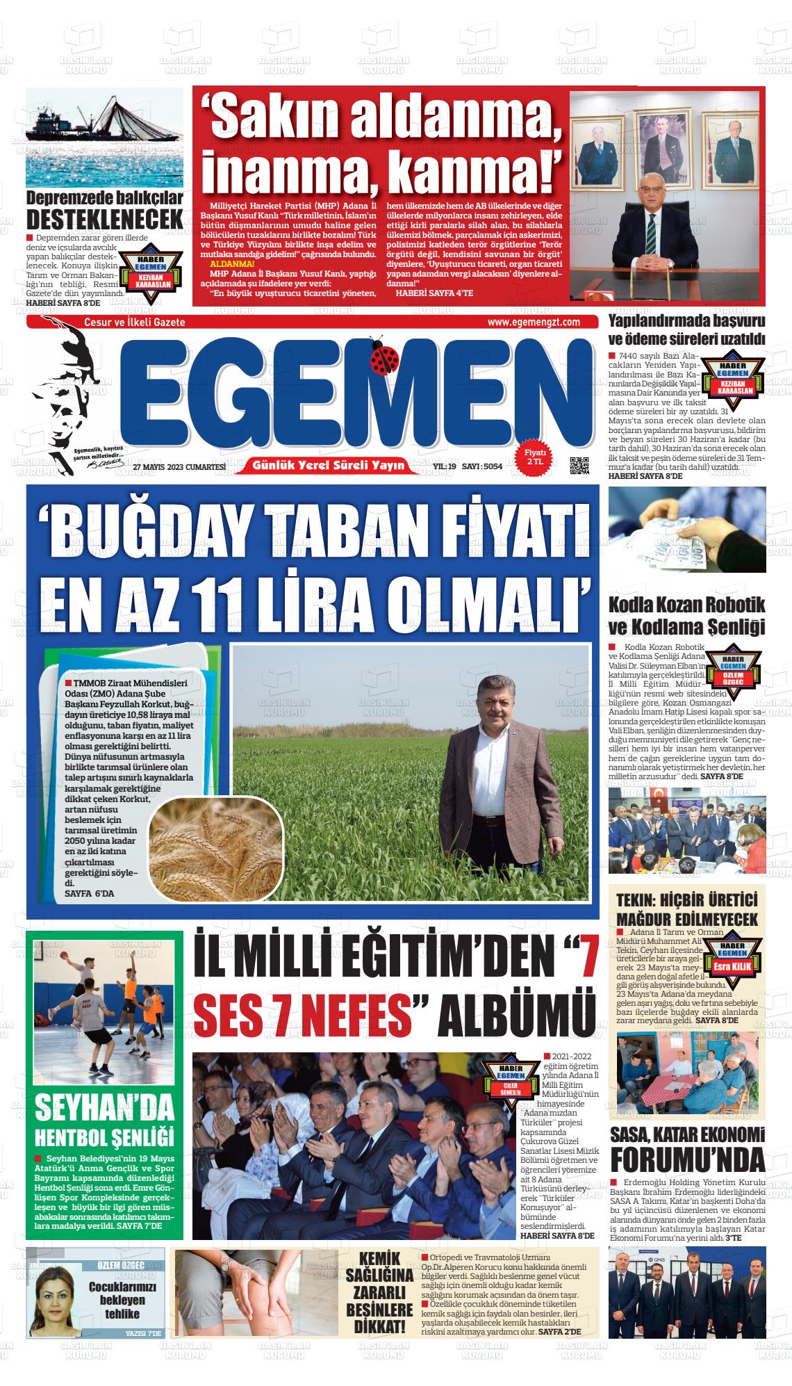 27 Mayıs 2023 Egemen  Adana Gazete Manşeti