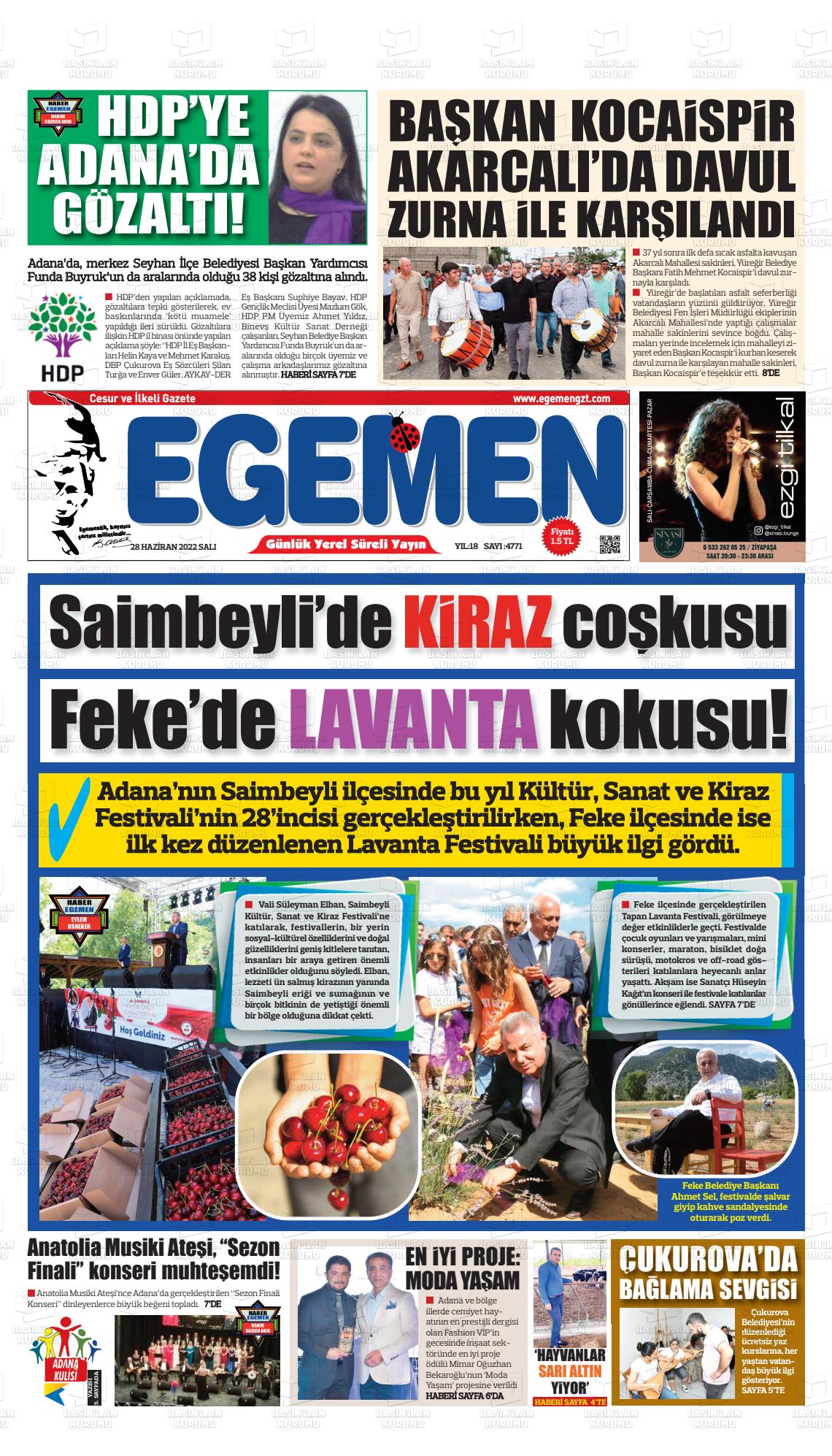 28 Haziran 2022 Egemen  Adana Gazete Manşeti