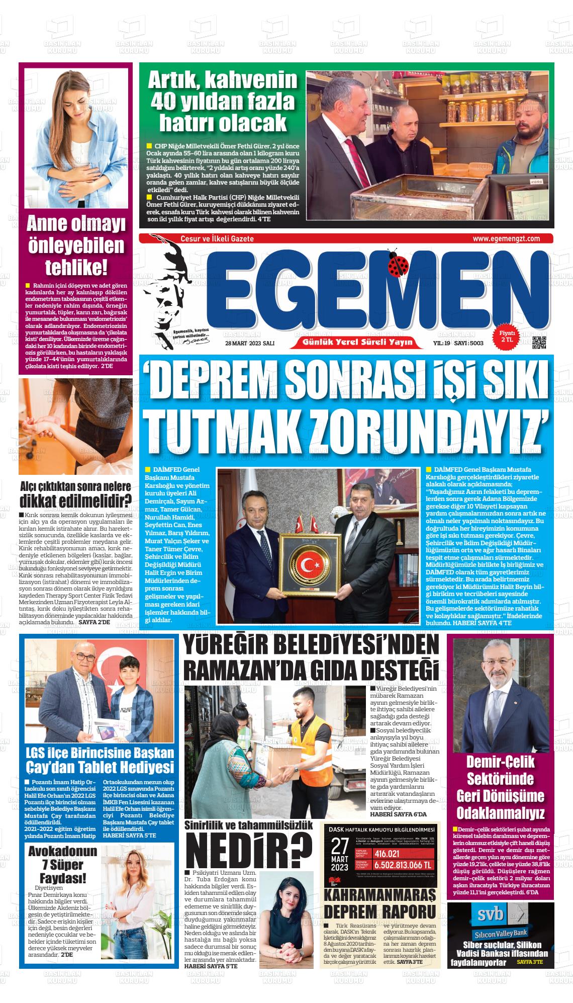28 Mart 2023 Egemen  Adana Gazete Manşeti