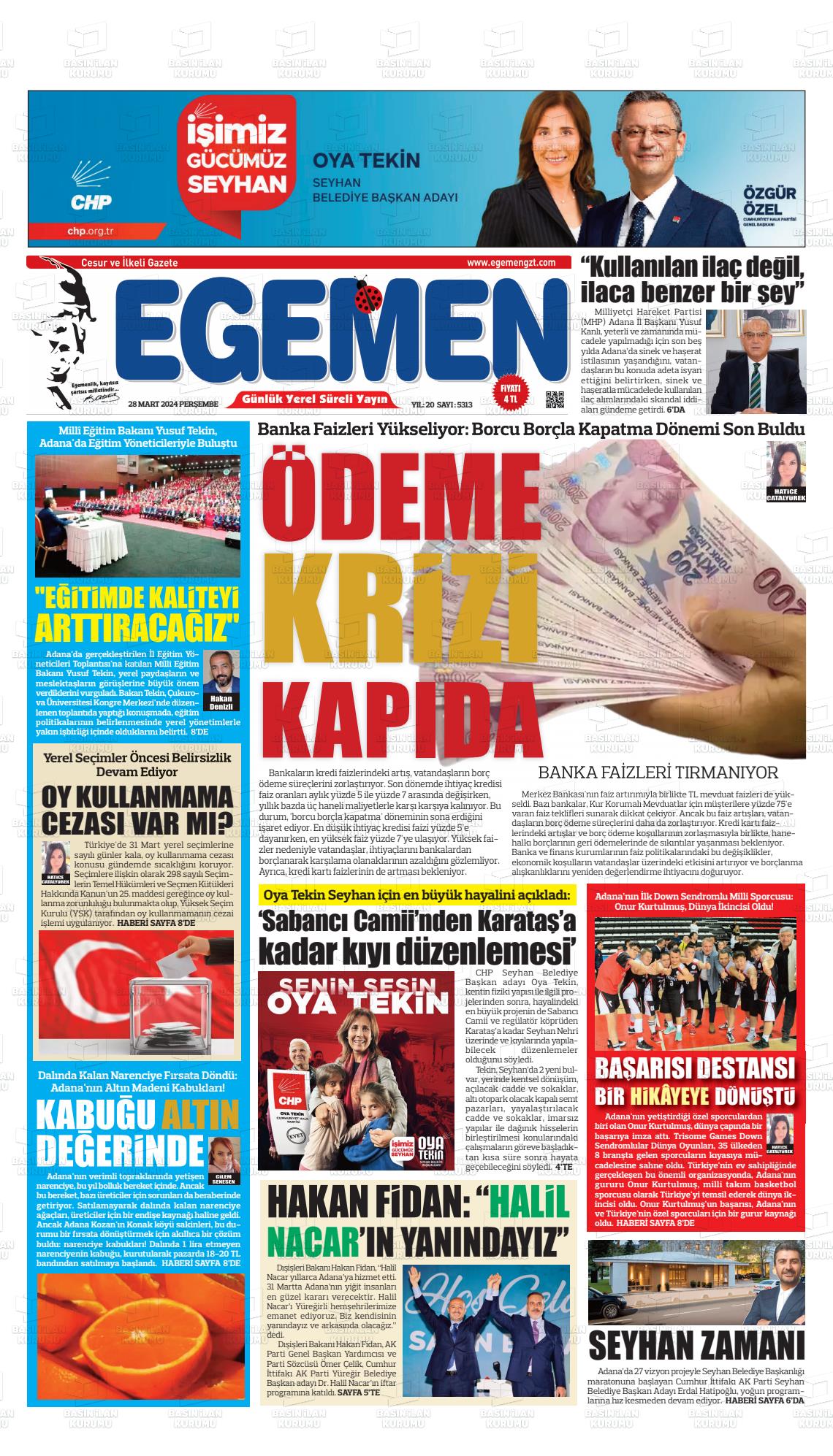 28 Mart 2024 Egemen  Adana Gazete Manşeti