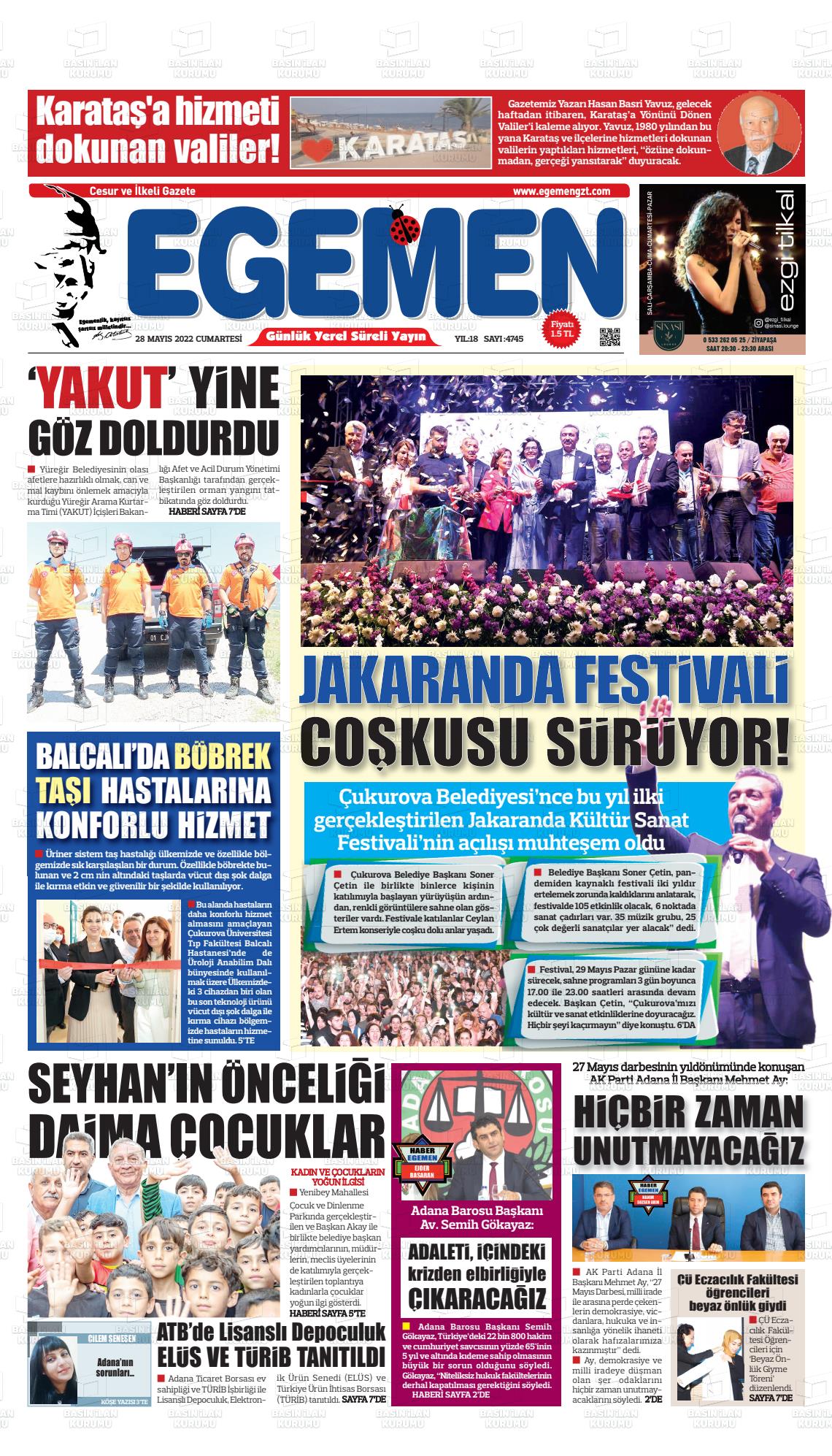 28 Mayıs 2022 Egemen  Adana Gazete Manşeti