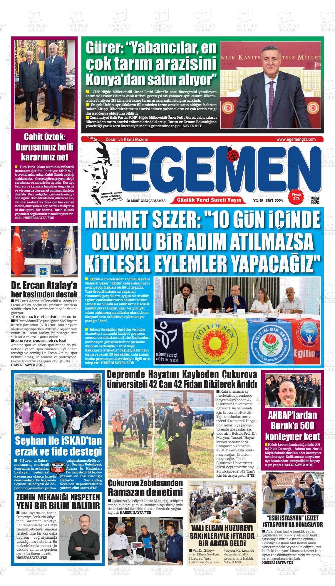 29 Mart 2023 Egemen  Adana Gazete Manşeti