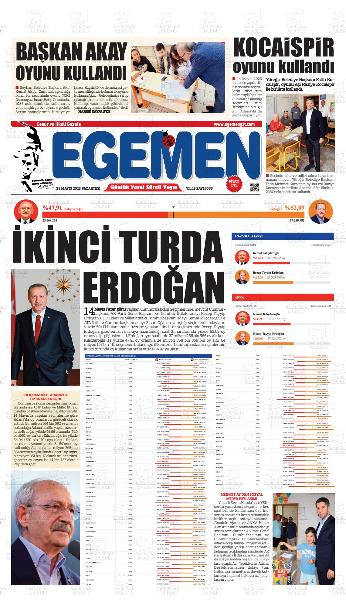 29 Mayıs 2023 Egemen  Adana Gazete Manşeti