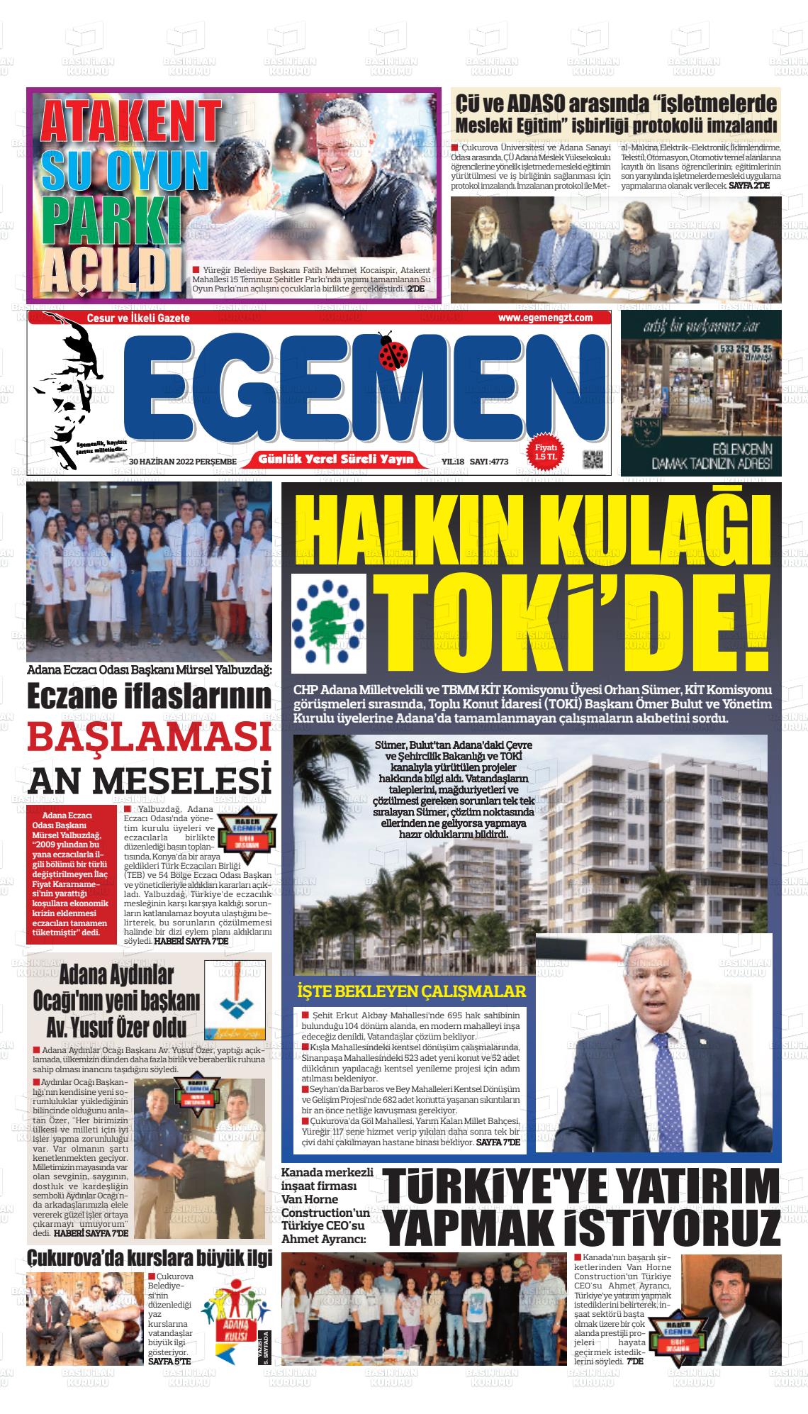 01 Temmuz 2022 Egemen  Adana Gazete Manşeti
