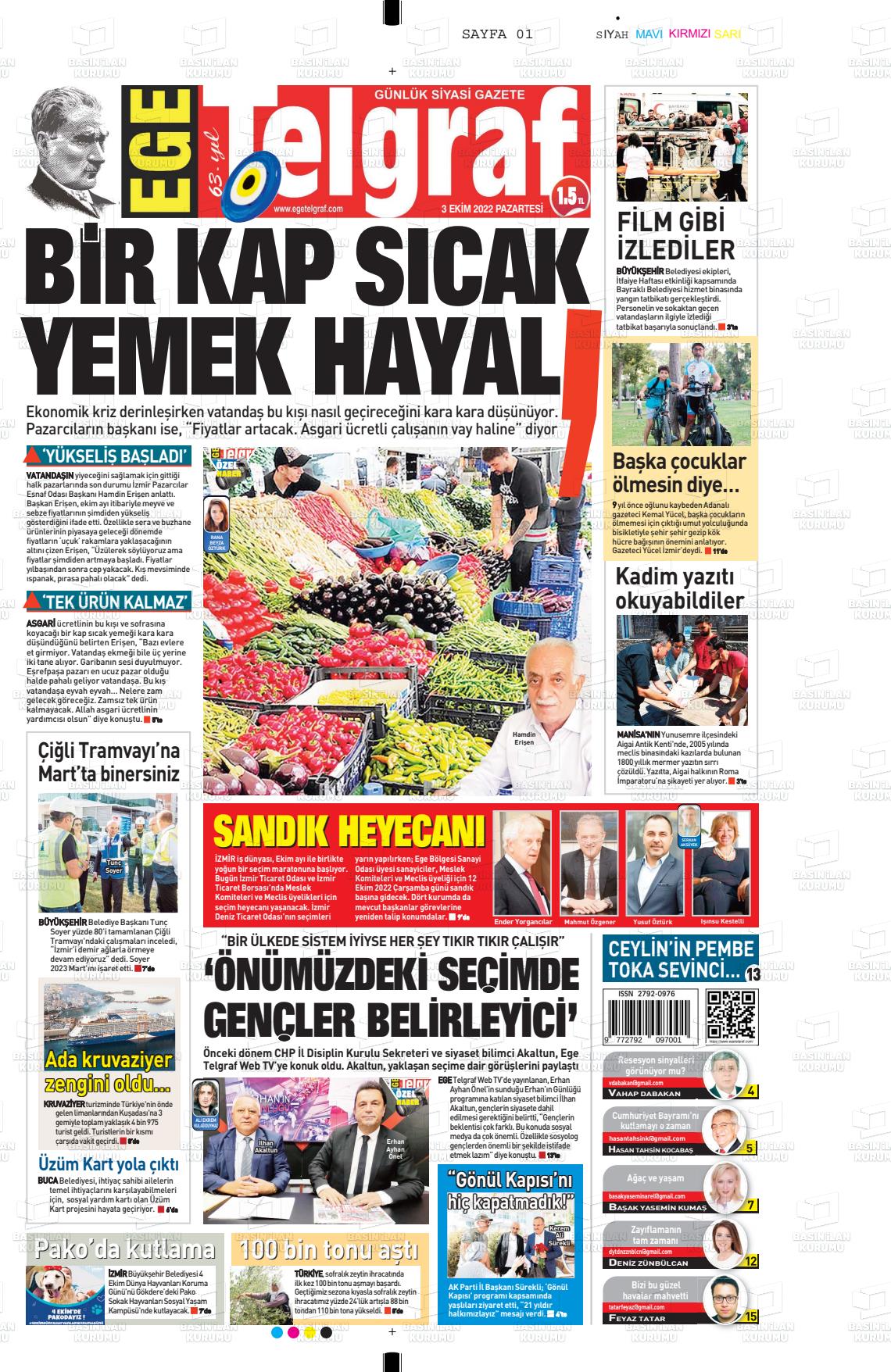 03 Ekim 2022 Ege Telgraf Gazete Manşeti