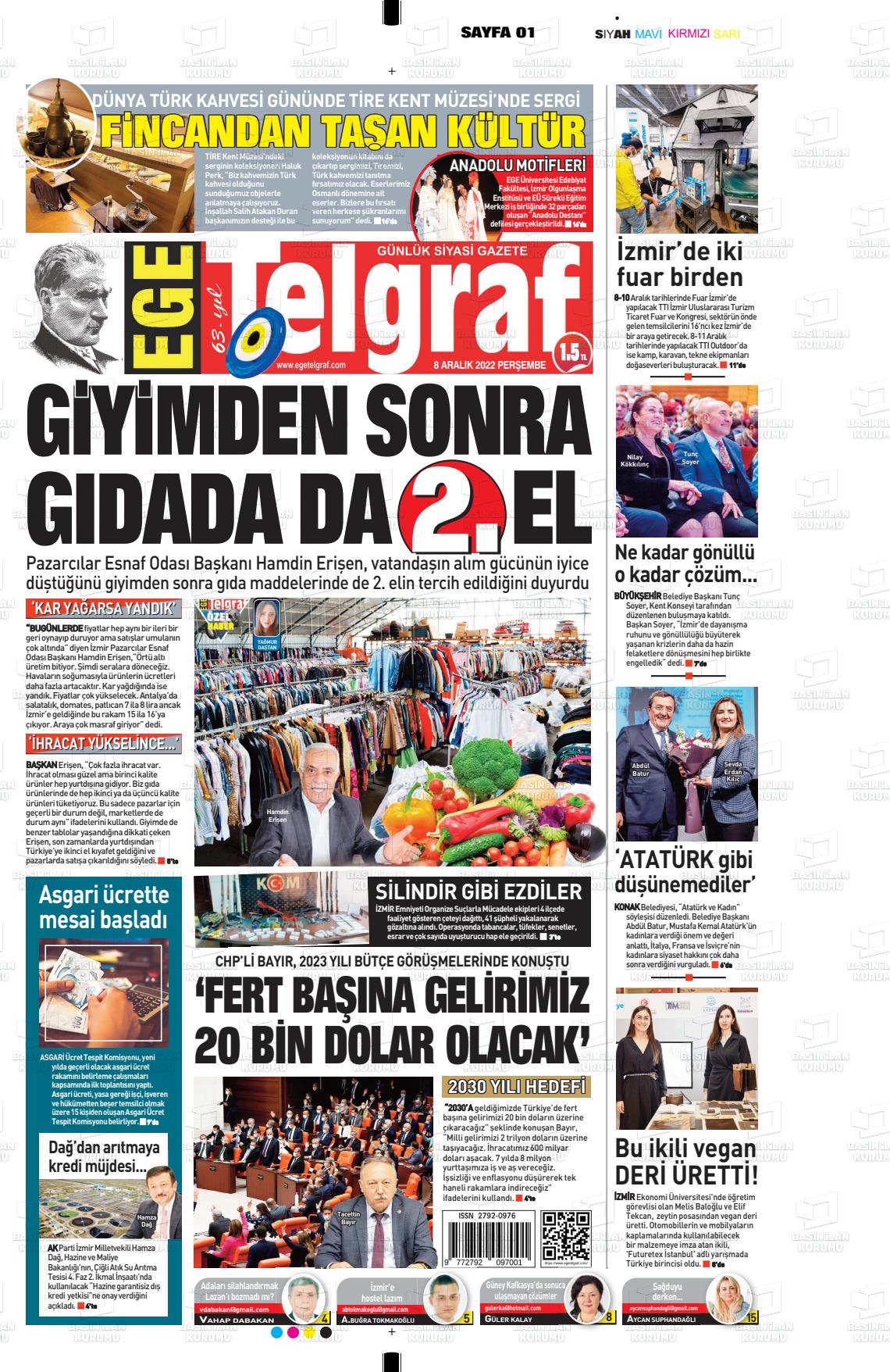 08 Aralık 2022 Ege Telgraf Gazete Manşeti