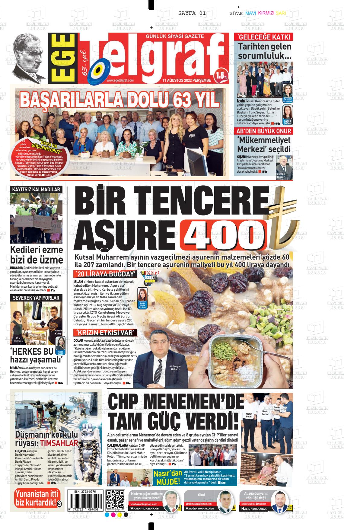 11 Ağustos 2022 Ege Telgraf Gazete Manşeti