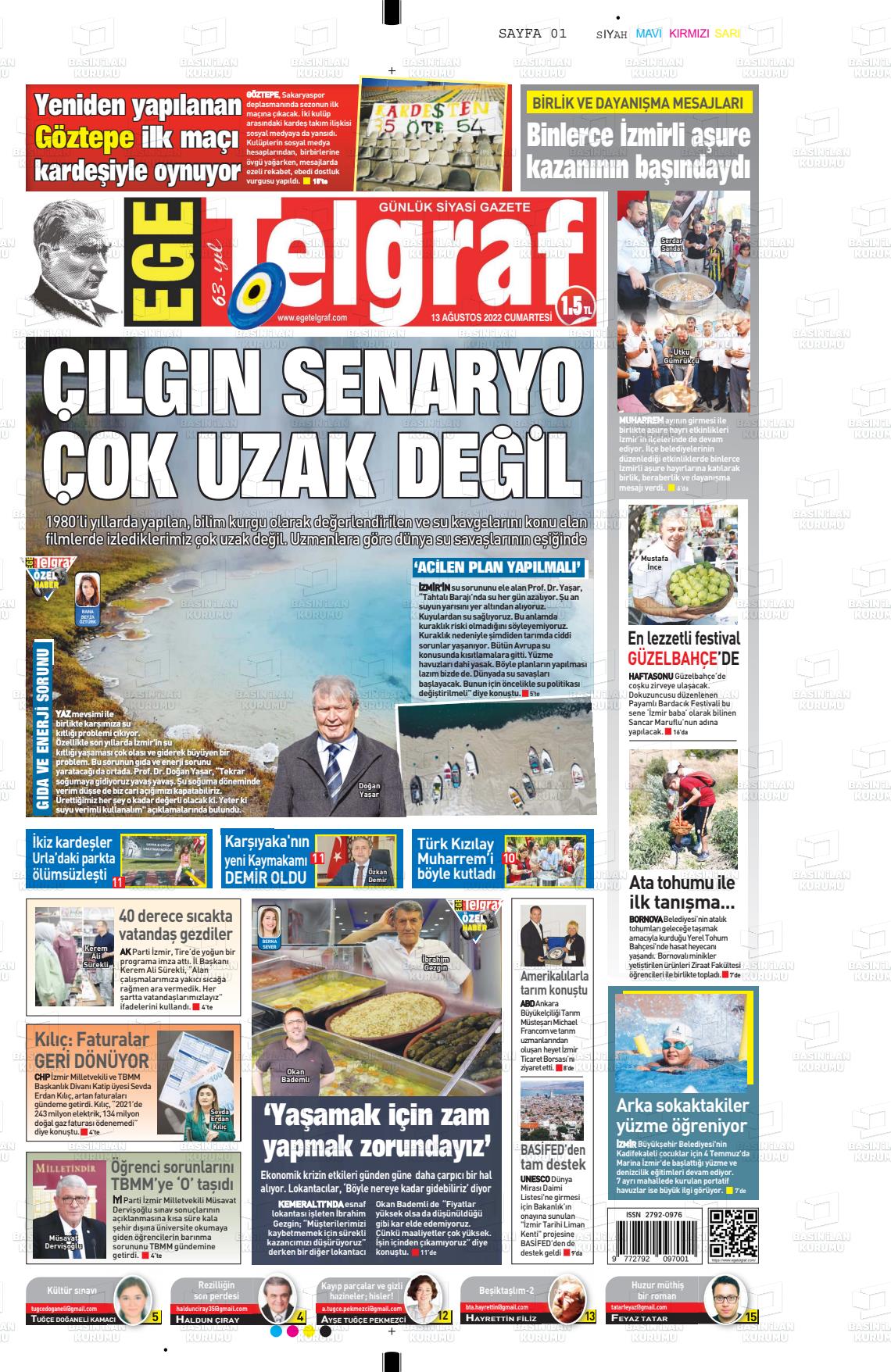 13 Ağustos 2022 Ege Telgraf Gazete Manşeti