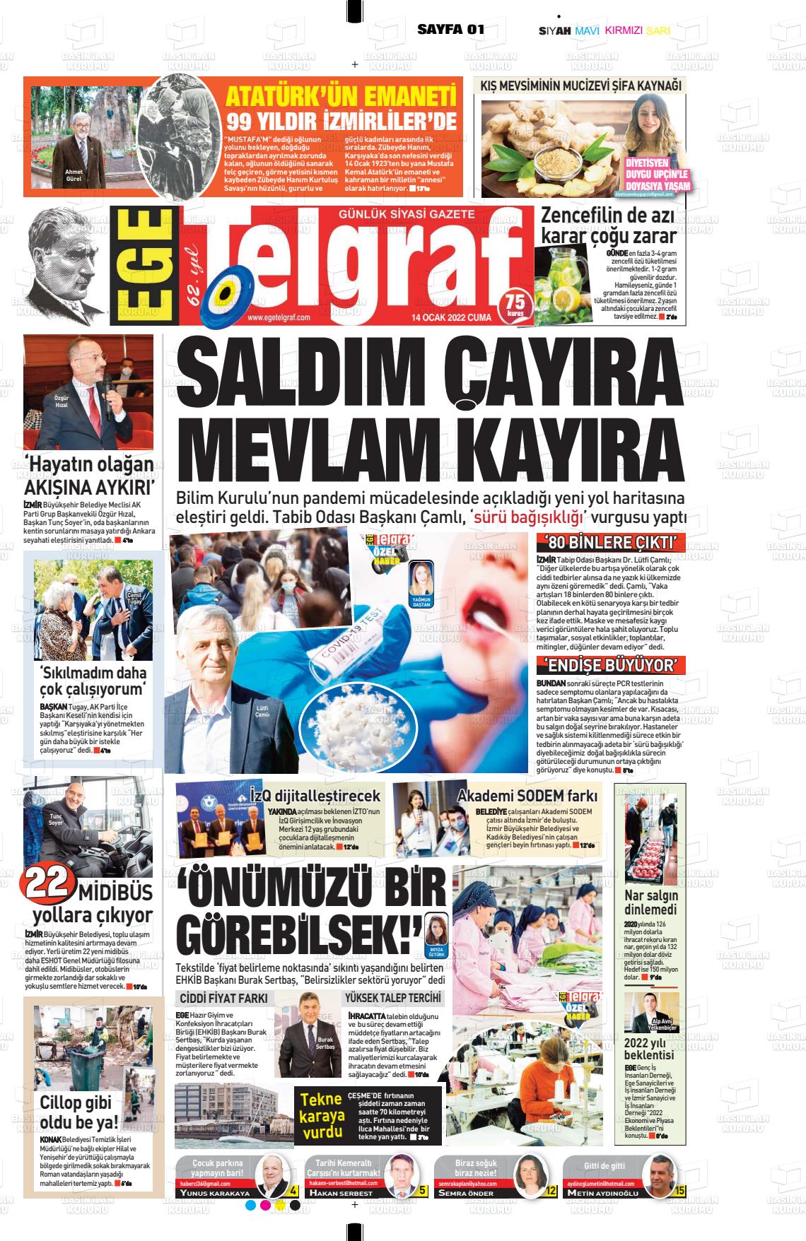 14 Ocak 2022 Ege Telgraf Gazete Manşeti