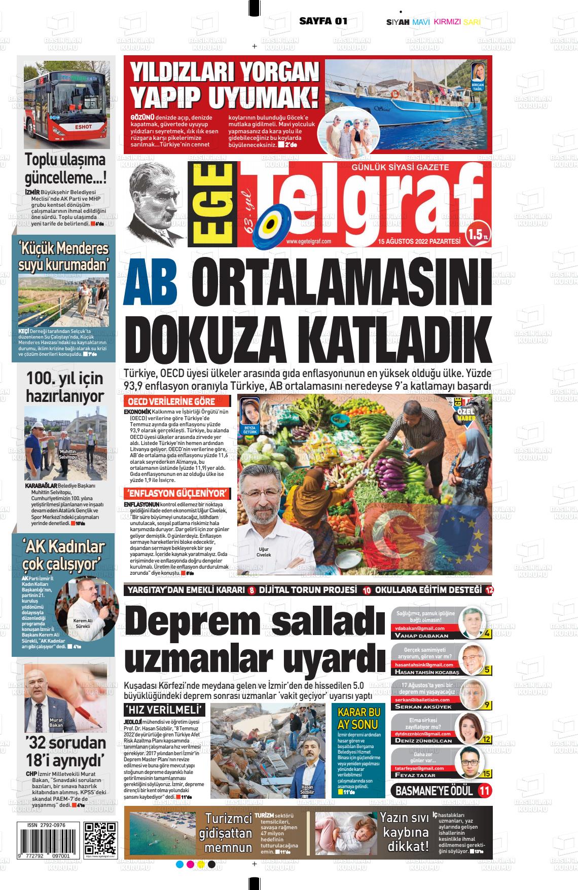 15 Ağustos 2022 Ege Telgraf Gazete Manşeti
