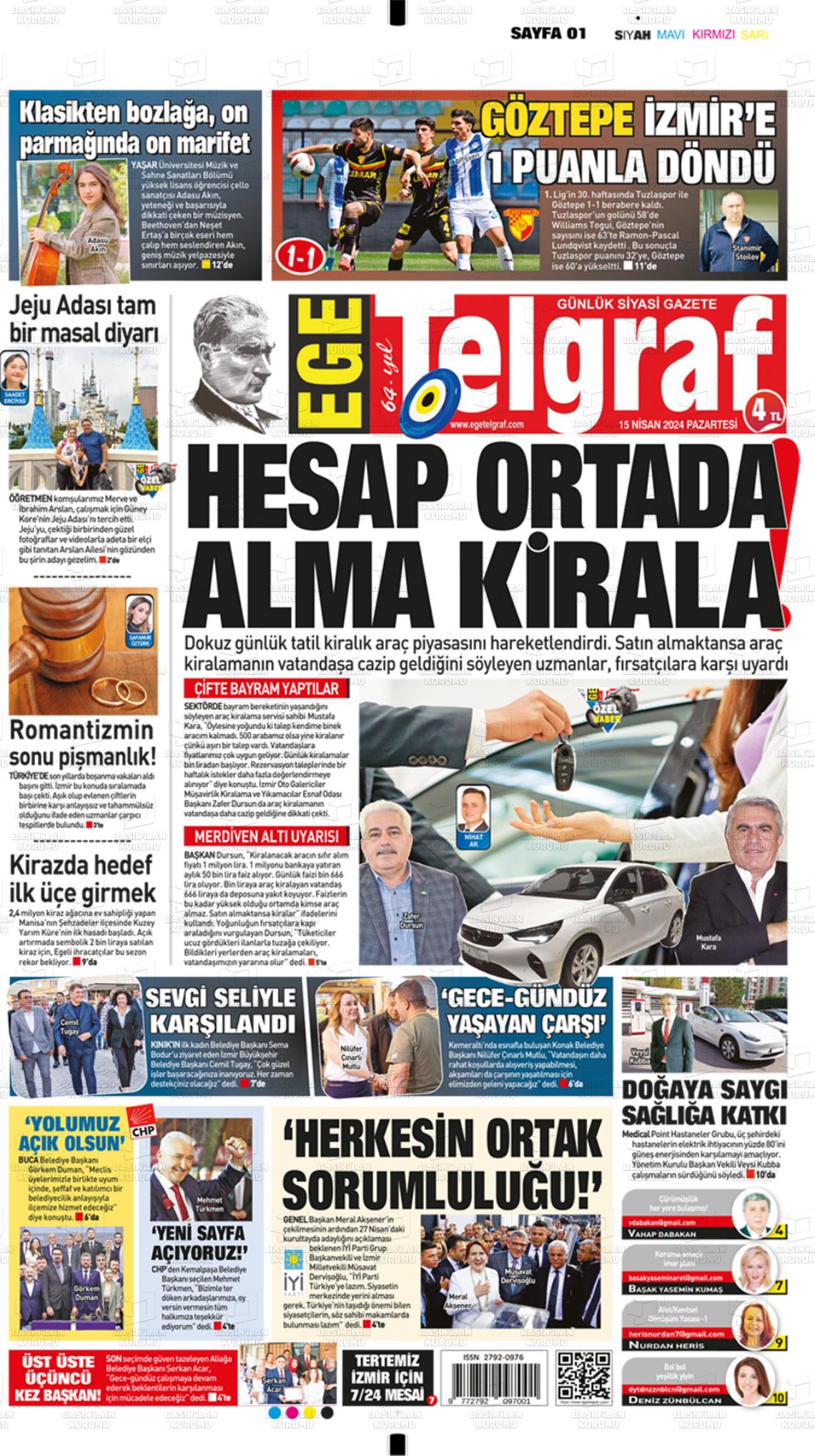 15 Nisan 2024 Ege Telgraf Gazete Manşeti