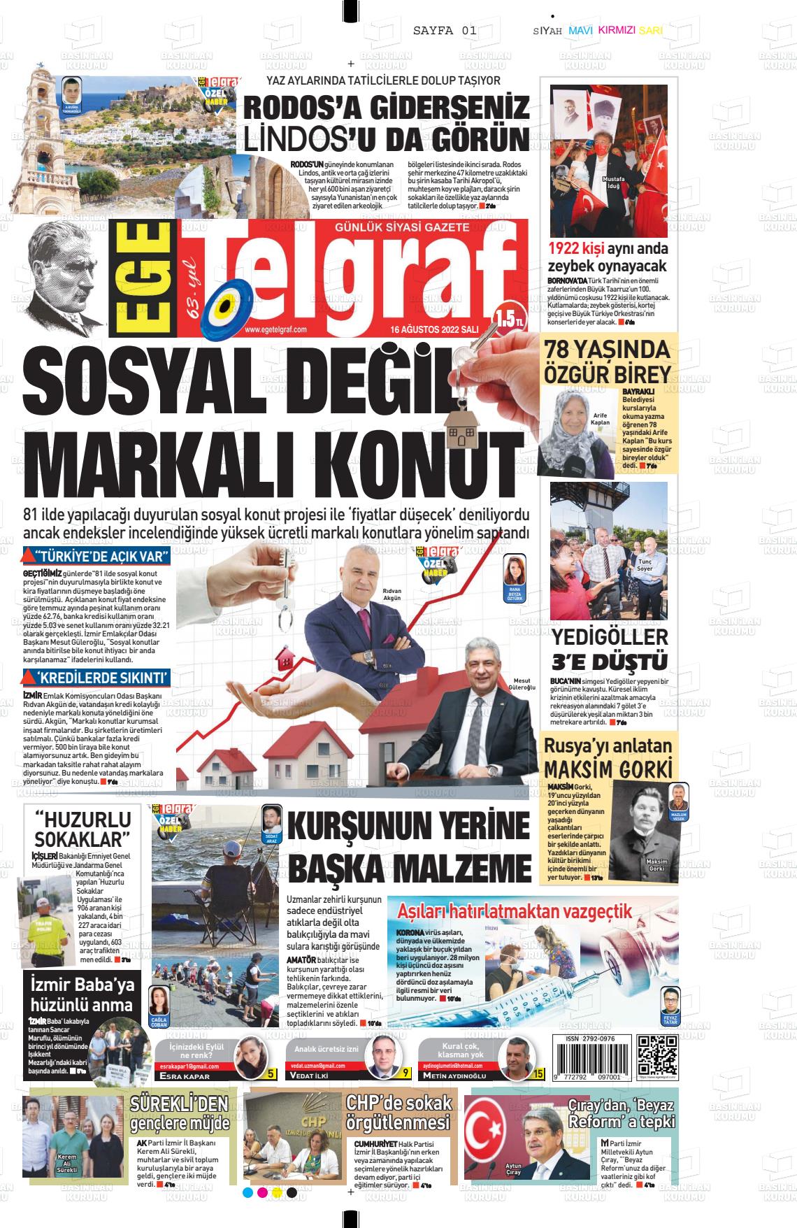 16 Ağustos 2022 Ege Telgraf Gazete Manşeti