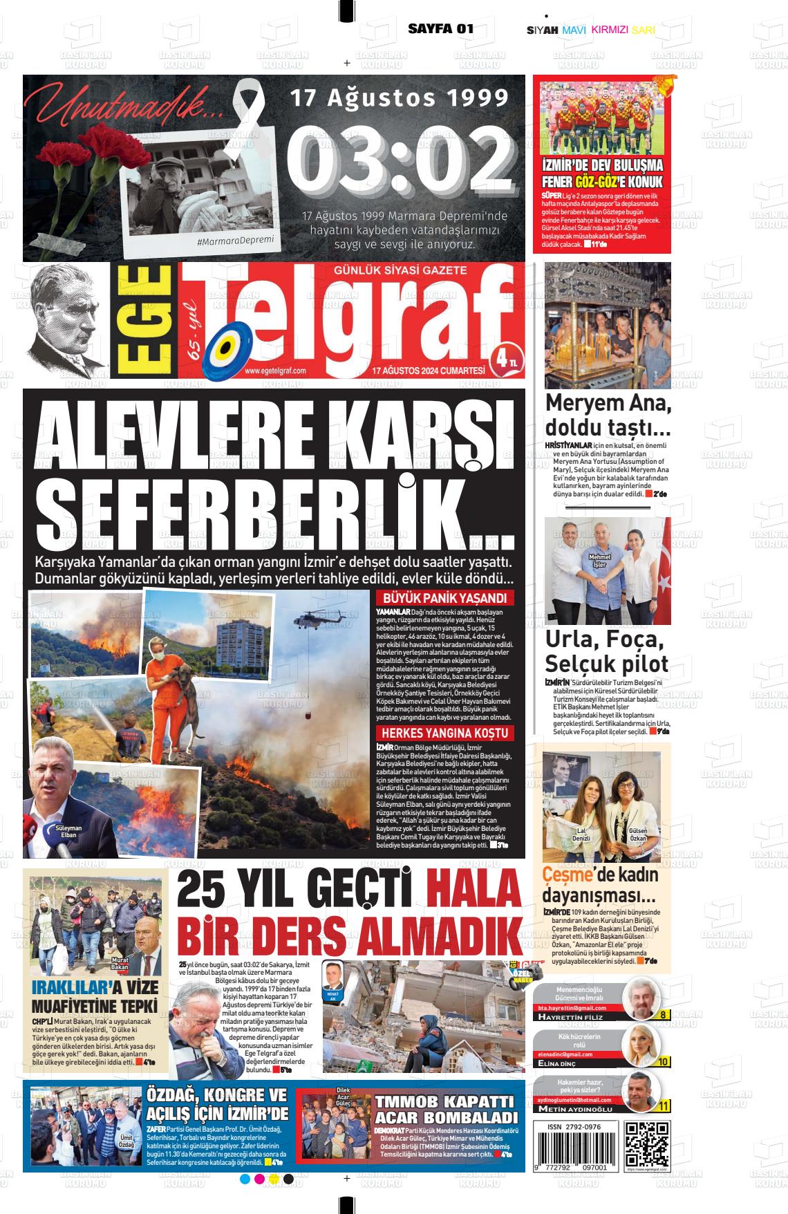 17 Ağustos 2024 Ege Telgraf Gazete Manşeti