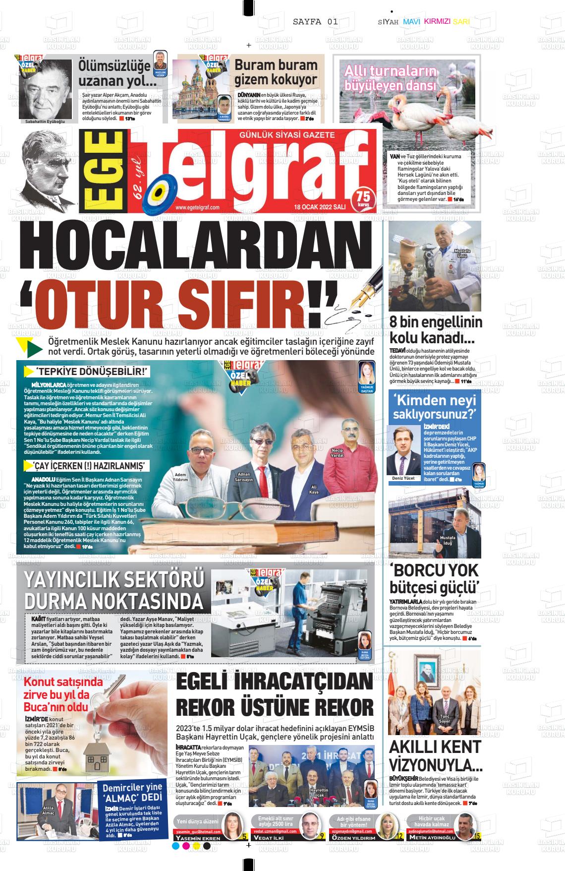 18 Ocak 2022 Ege Telgraf Gazete Manşeti