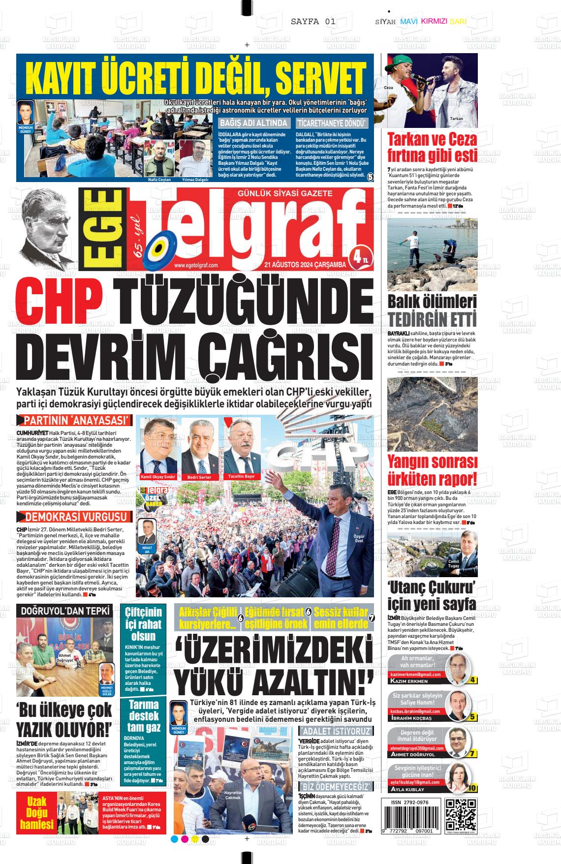 21 Ağustos 2024 Ege Telgraf Gazete Manşeti