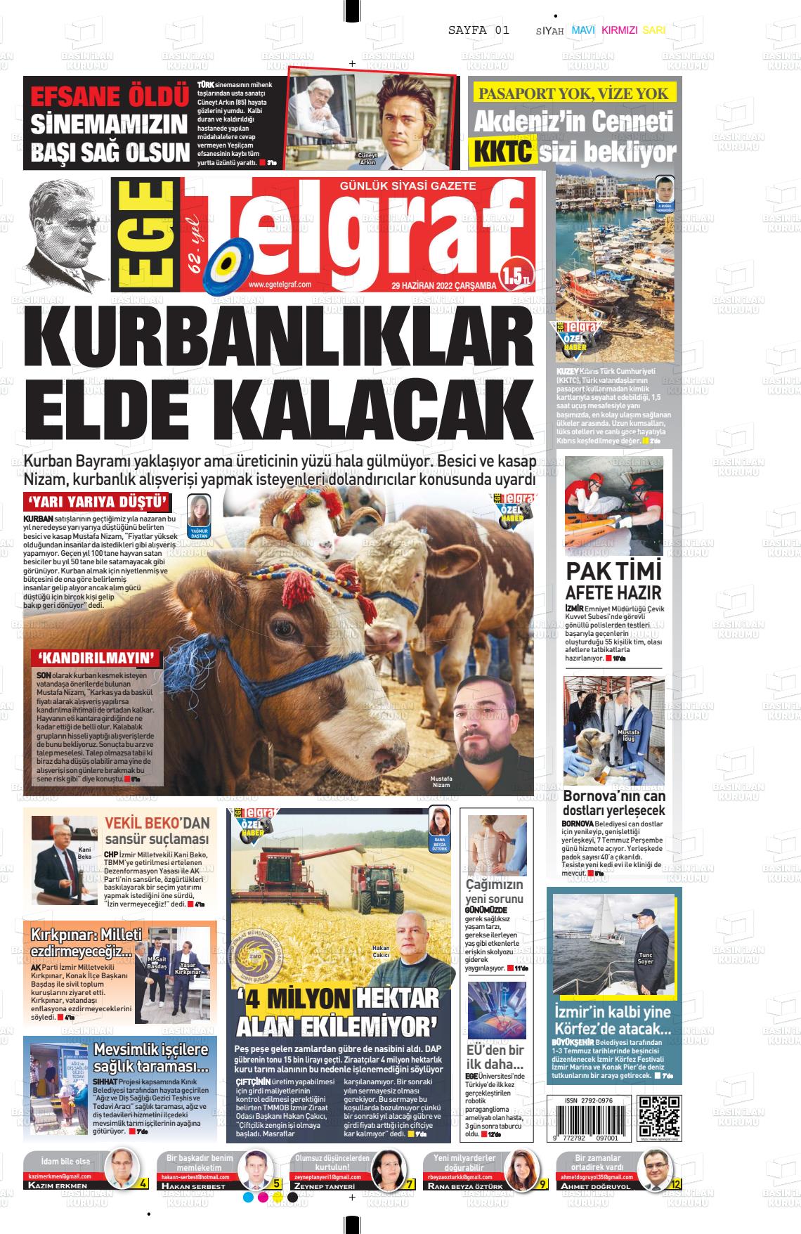 29 Haziran 2022 Ege Telgraf Gazete Manşeti