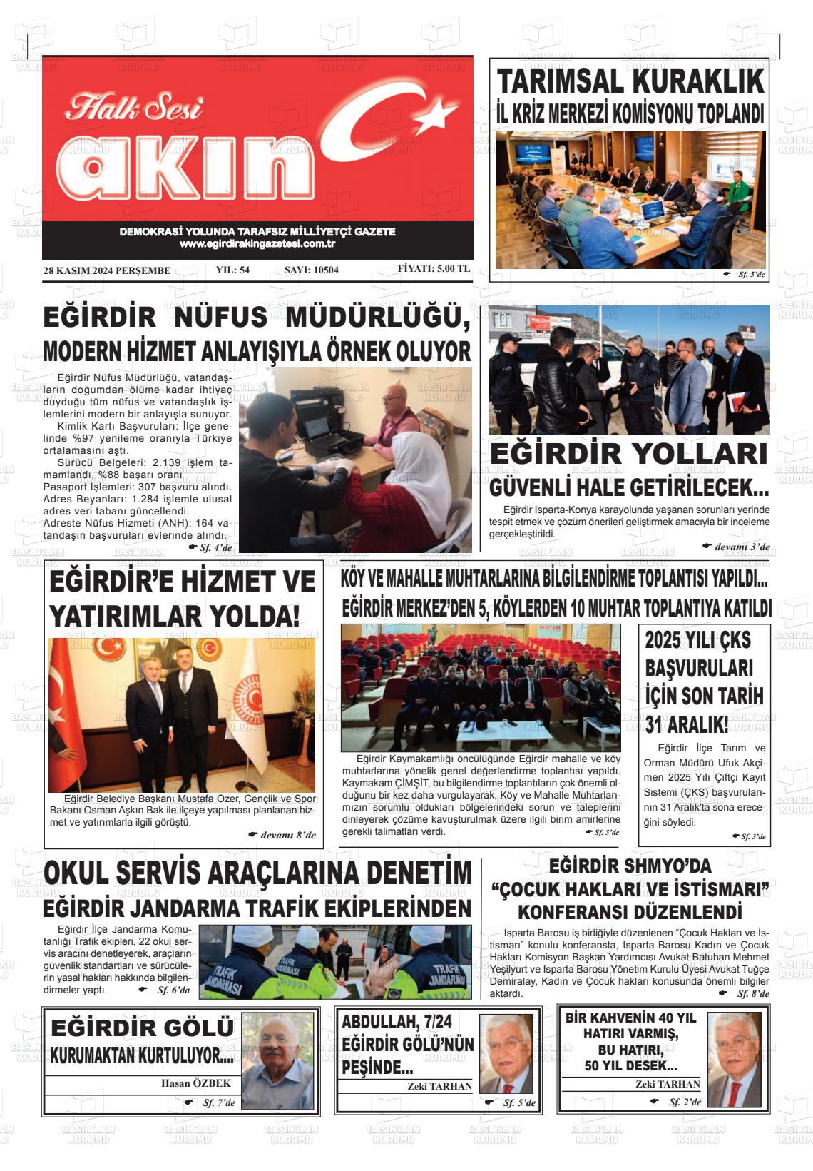 26 Ocak 2025 Eğirdir Akın Gazete Manşeti