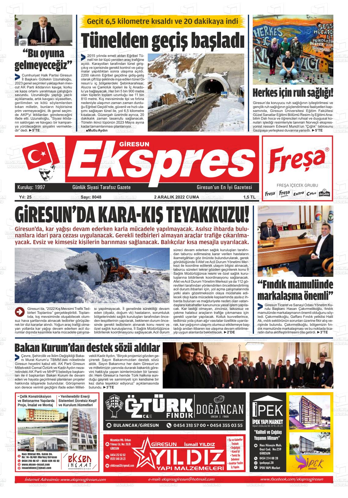 02 Aralık 2022 Giresun Ekspres Gazete Manşeti