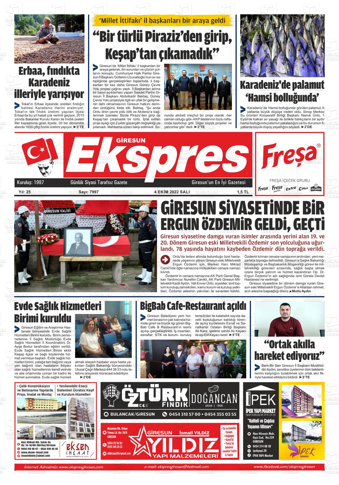04 Ekim 2022 Giresun Ekspres Gazete Manşeti