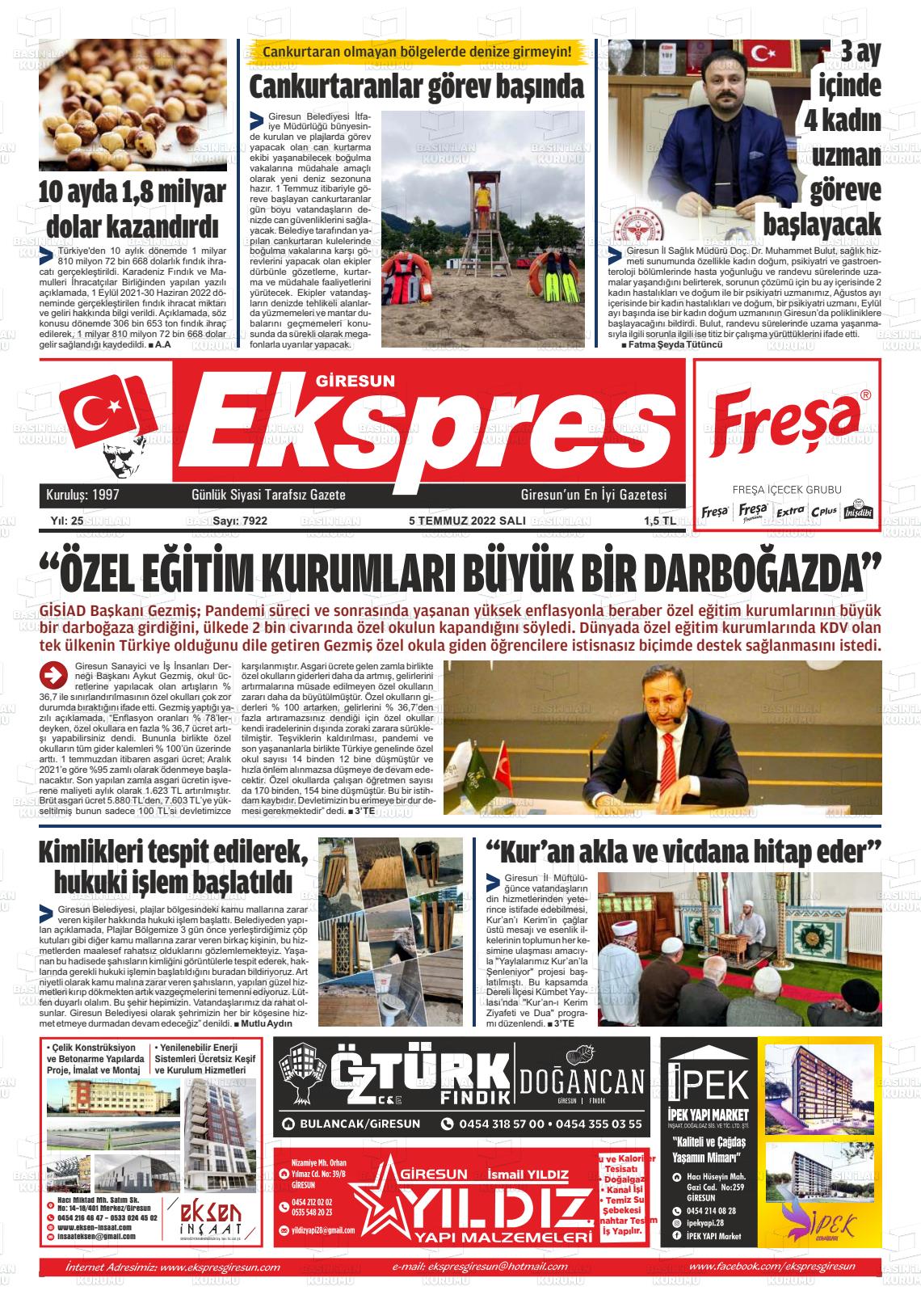 05 Temmuz 2022 Giresun Ekspres Gazete Manşeti
