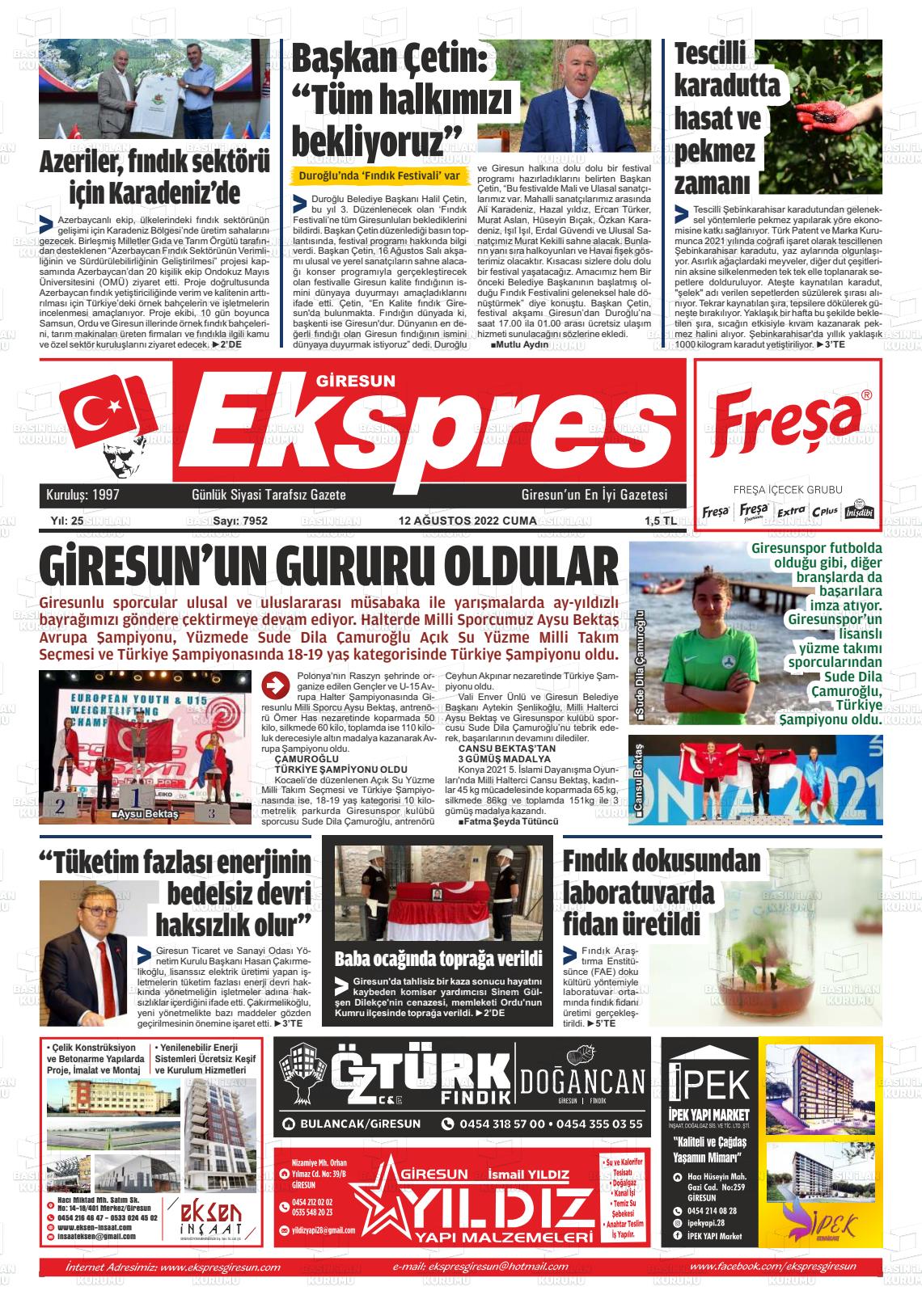 12 Ağustos 2022 Giresun Ekspres Gazete Manşeti
