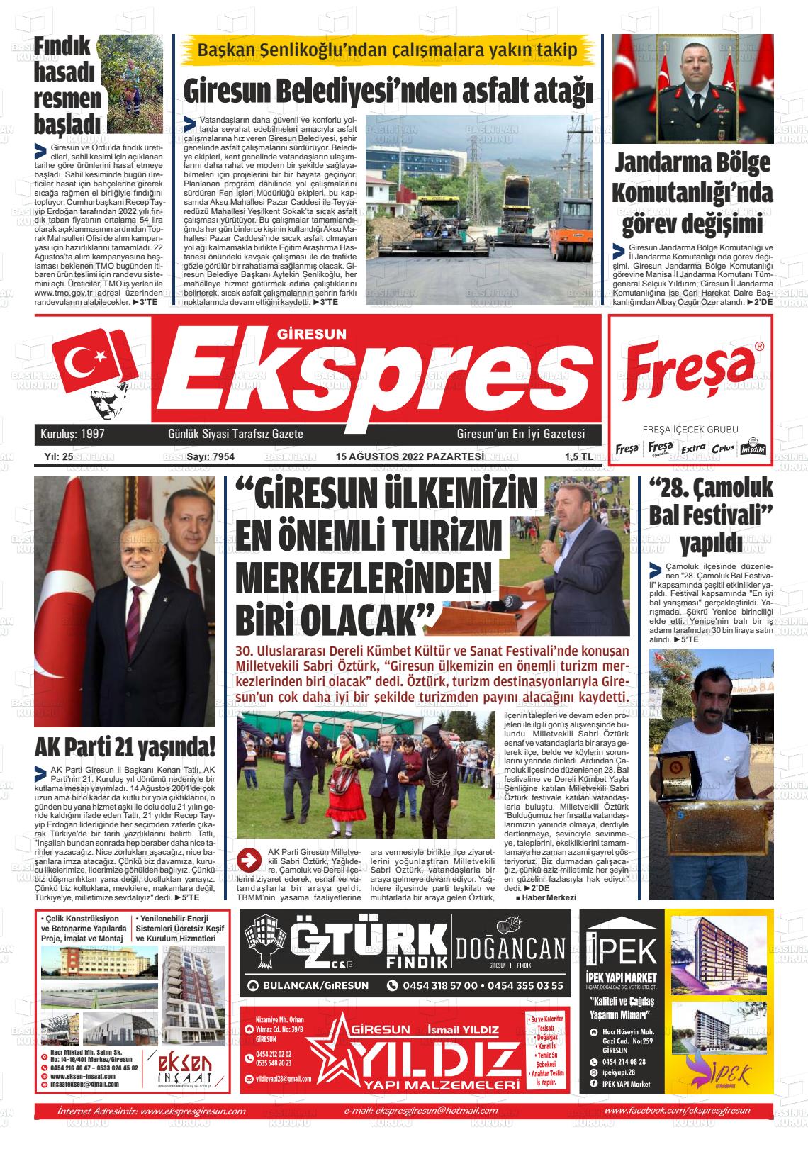 15 Ağustos 2022 Giresun Ekspres Gazete Manşeti