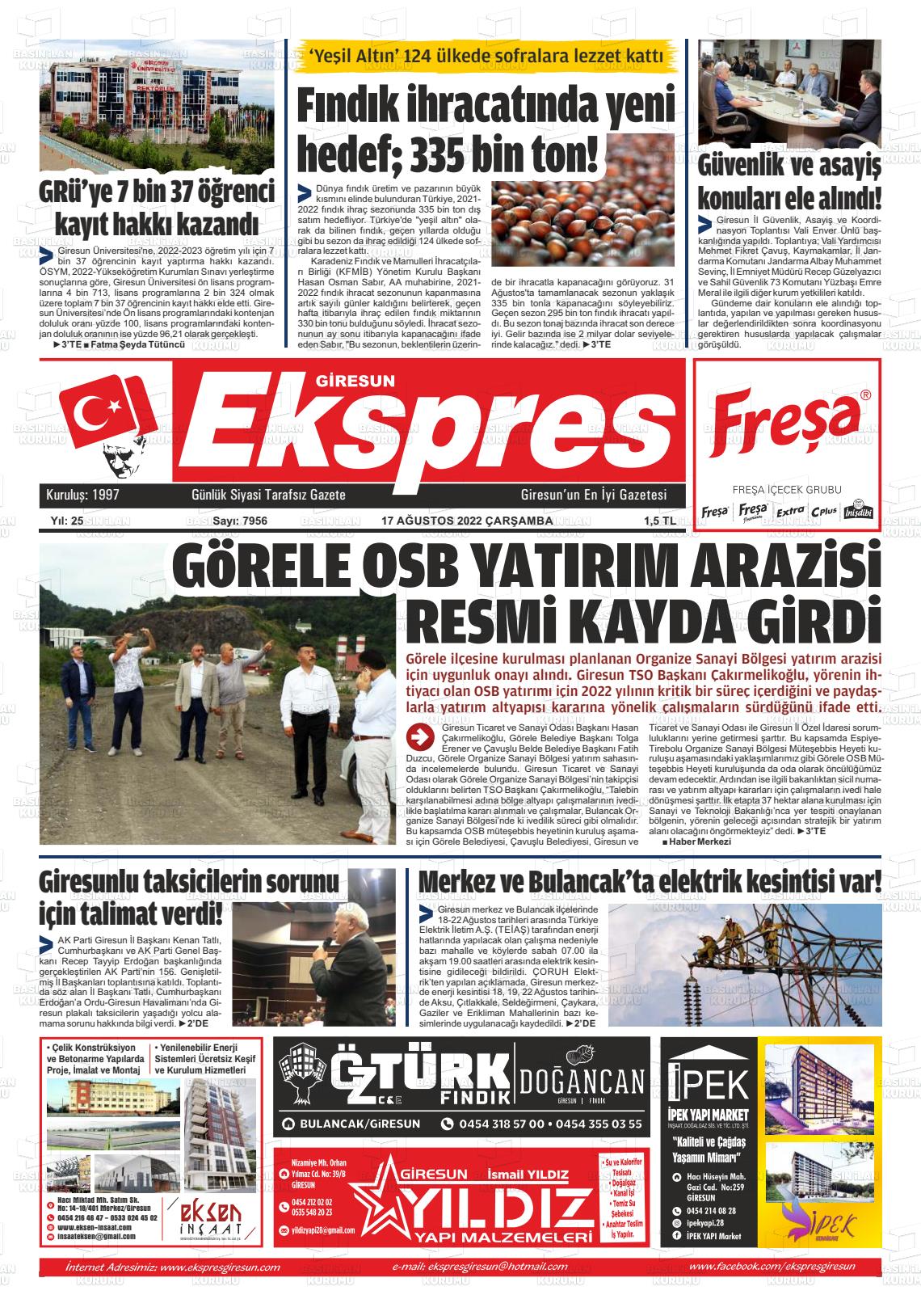 17 Ağustos 2022 Giresun Ekspres Gazete Manşeti