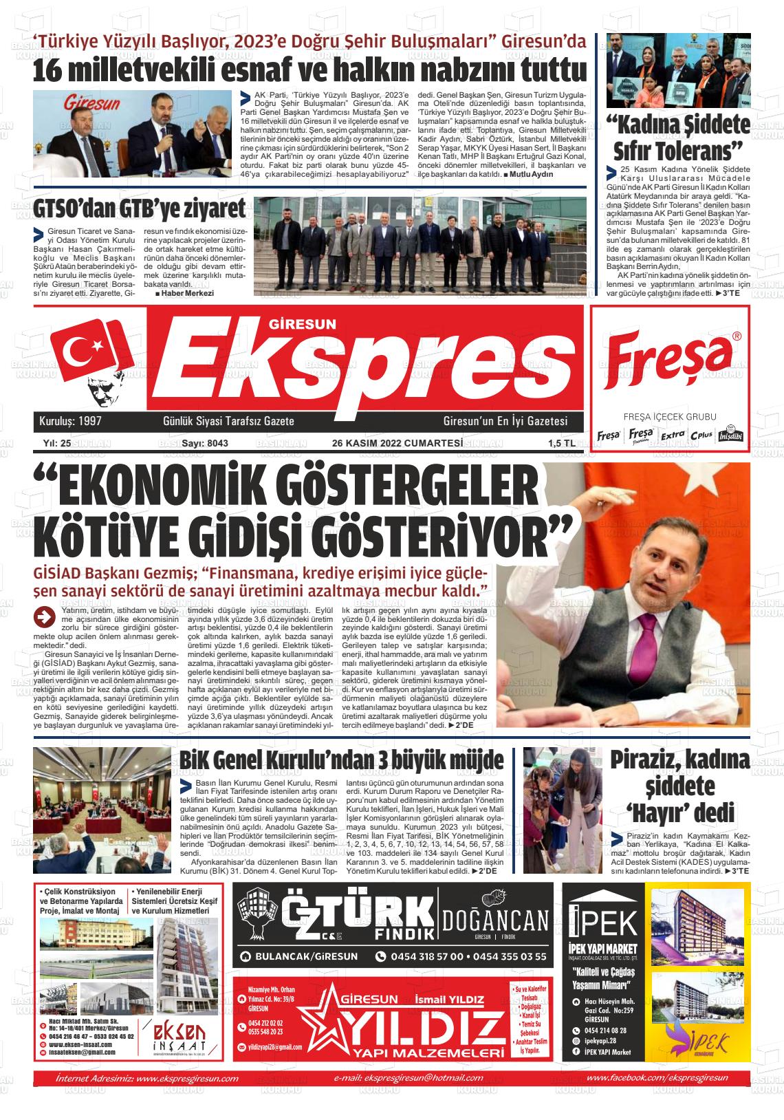 26 Kasım 2022 Giresun Ekspres Gazete Manşeti