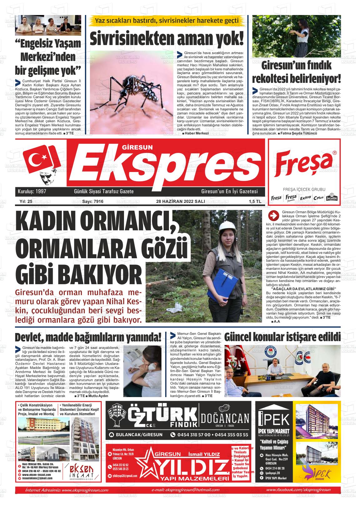 28 Haziran 2022 Giresun Ekspres Gazete Manşeti