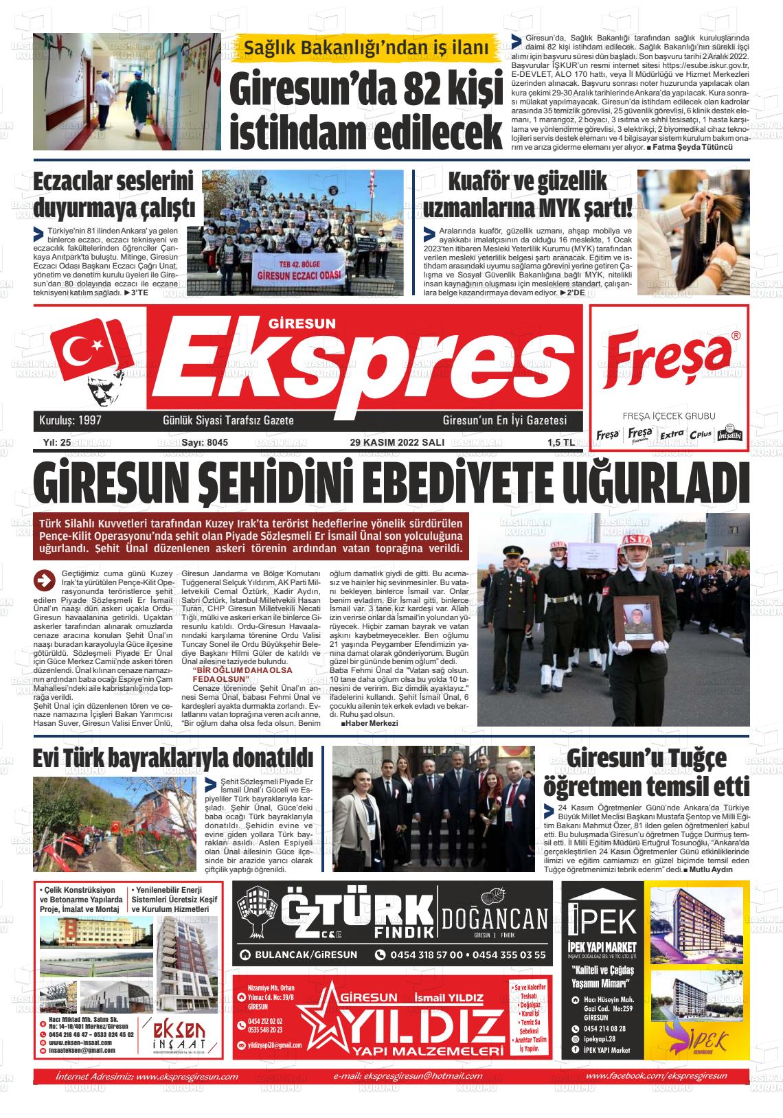 29 Kasım 2022 Giresun Ekspres Gazete Manşeti