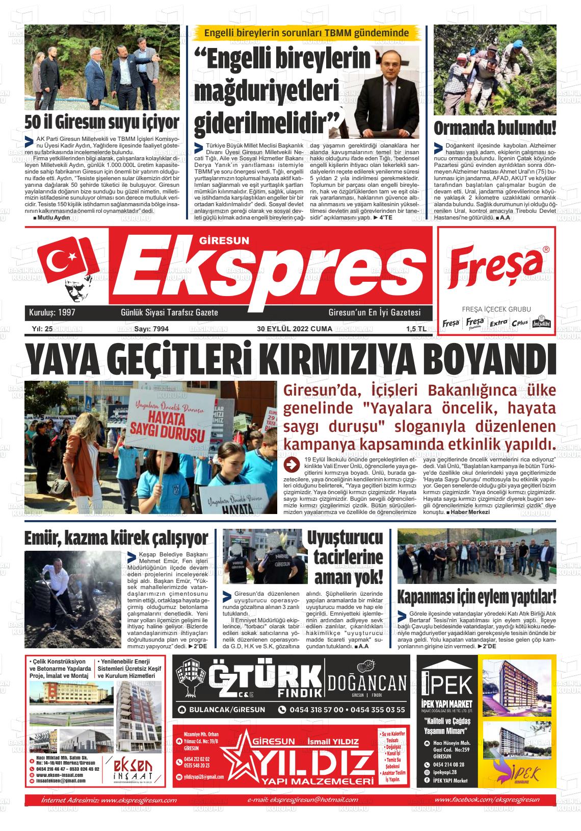 30 Eylül 2022 Giresun Ekspres Gazete Manşeti