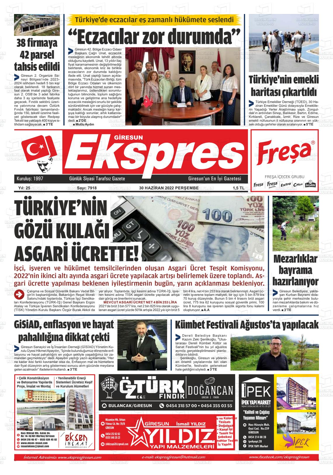 01 Temmuz 2022 Giresun Ekspres Gazete Manşeti