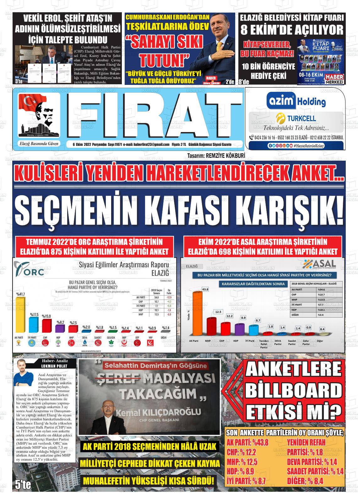 06 Ekim 2022 Fırat Gazete Manşeti