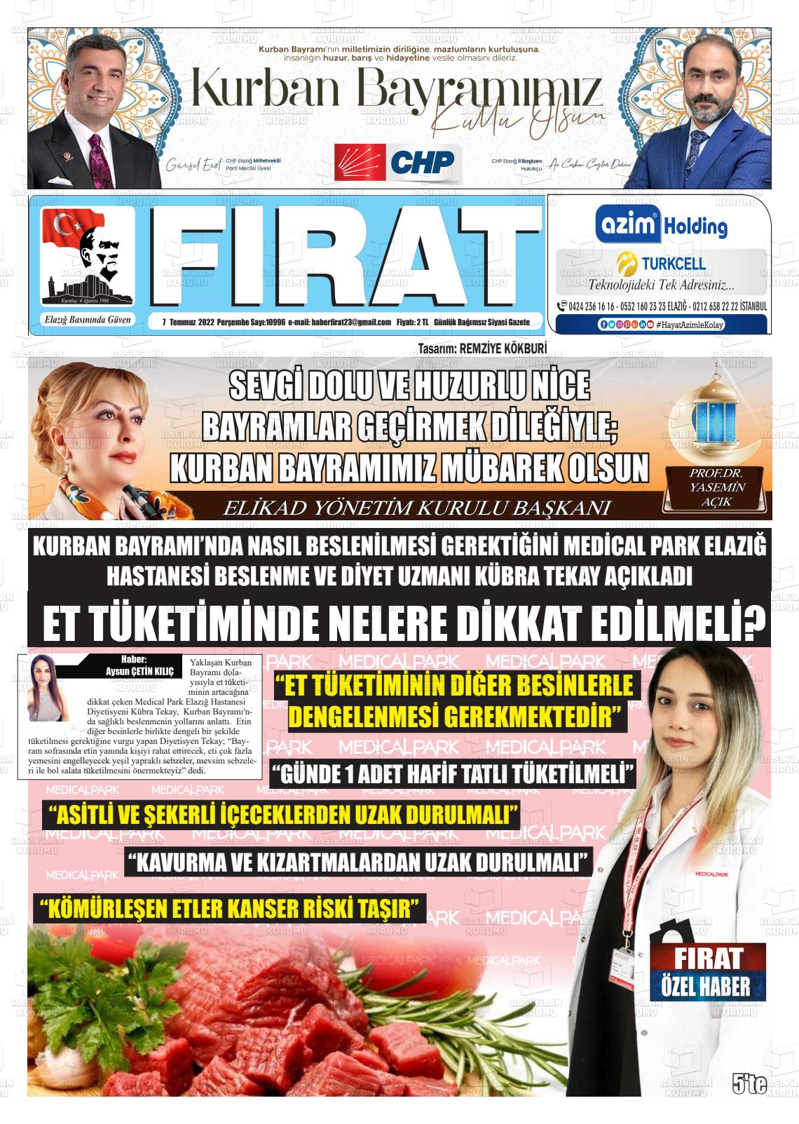 07 Temmuz 2022 Fırat Gazete Manşeti