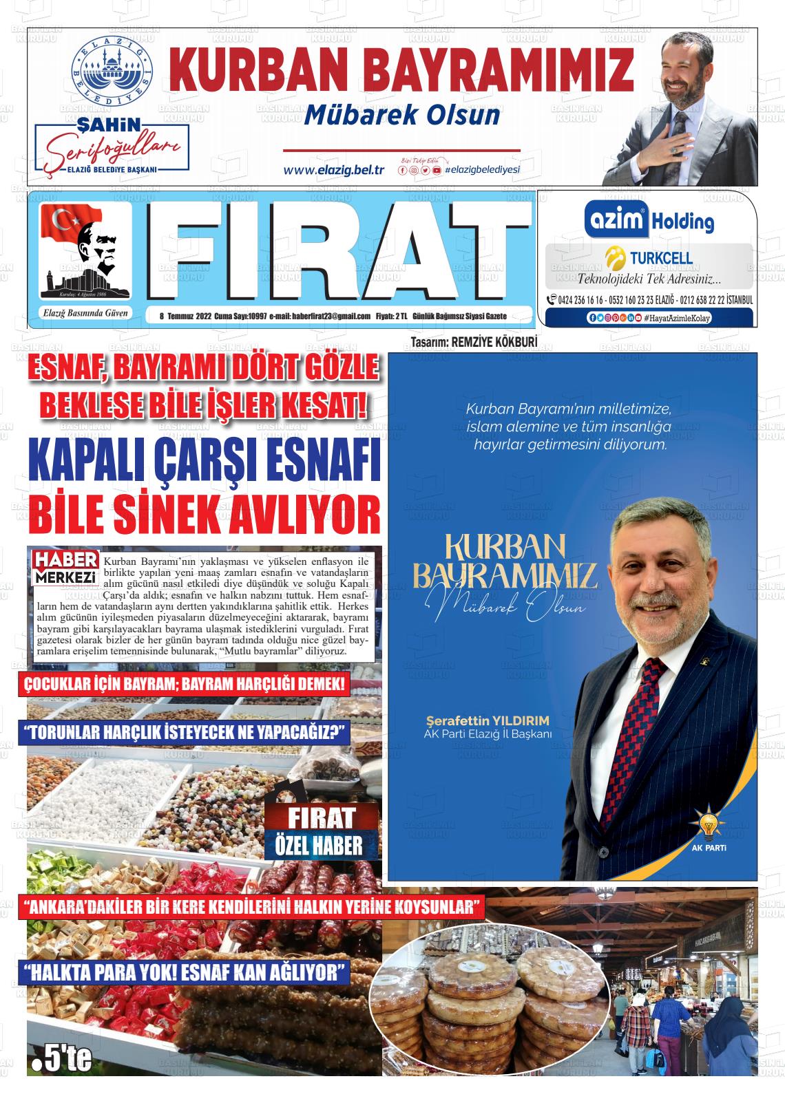 08 Temmuz 2022 Fırat Gazete Manşeti