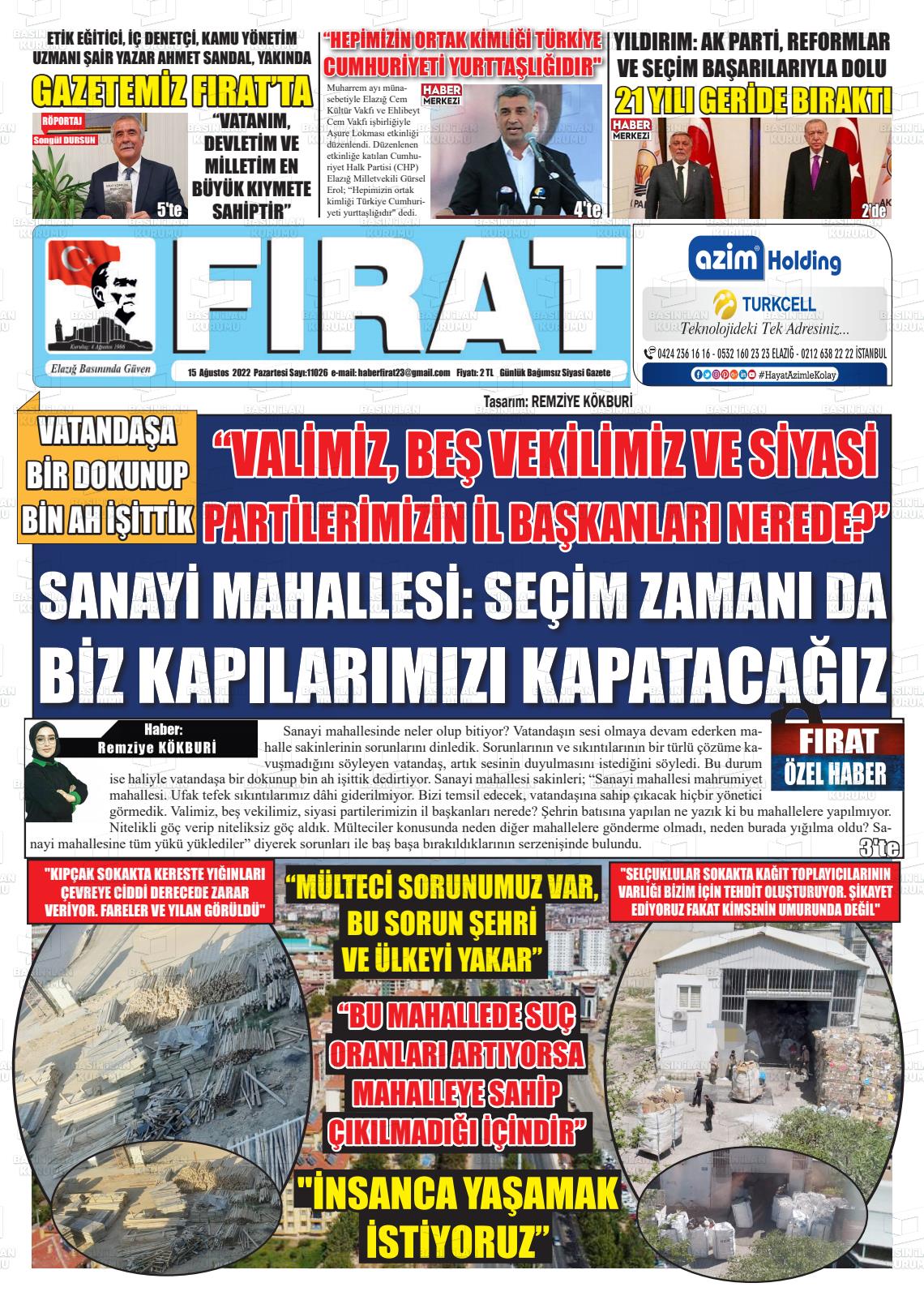 15 Ağustos 2022 Fırat Gazete Manşeti