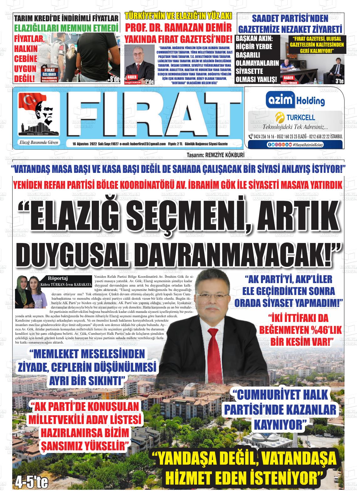 16 Ağustos 2022 Fırat Gazete Manşeti