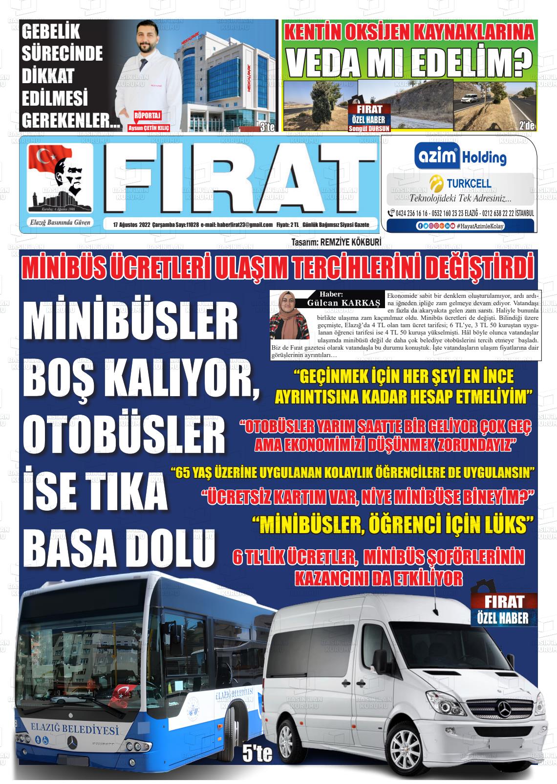 17 Ağustos 2022 Fırat Gazete Manşeti