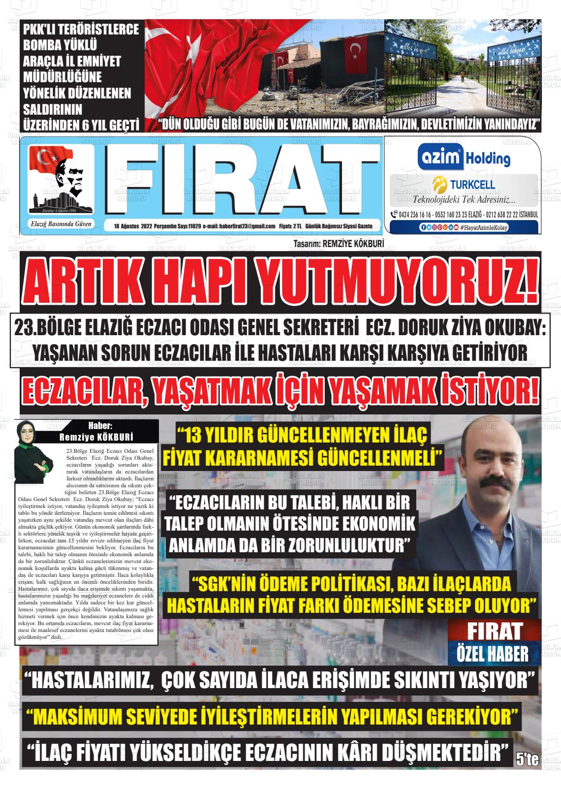18 Ağustos 2022 Fırat Gazete Manşeti